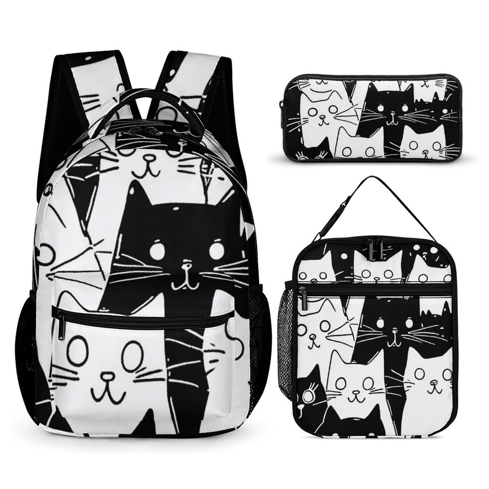 Conjunto de mochila con lonchera, neceseres, bolso de hombro y bolso cosmético con diseño de gato de dibujos animados en blanco y negro.