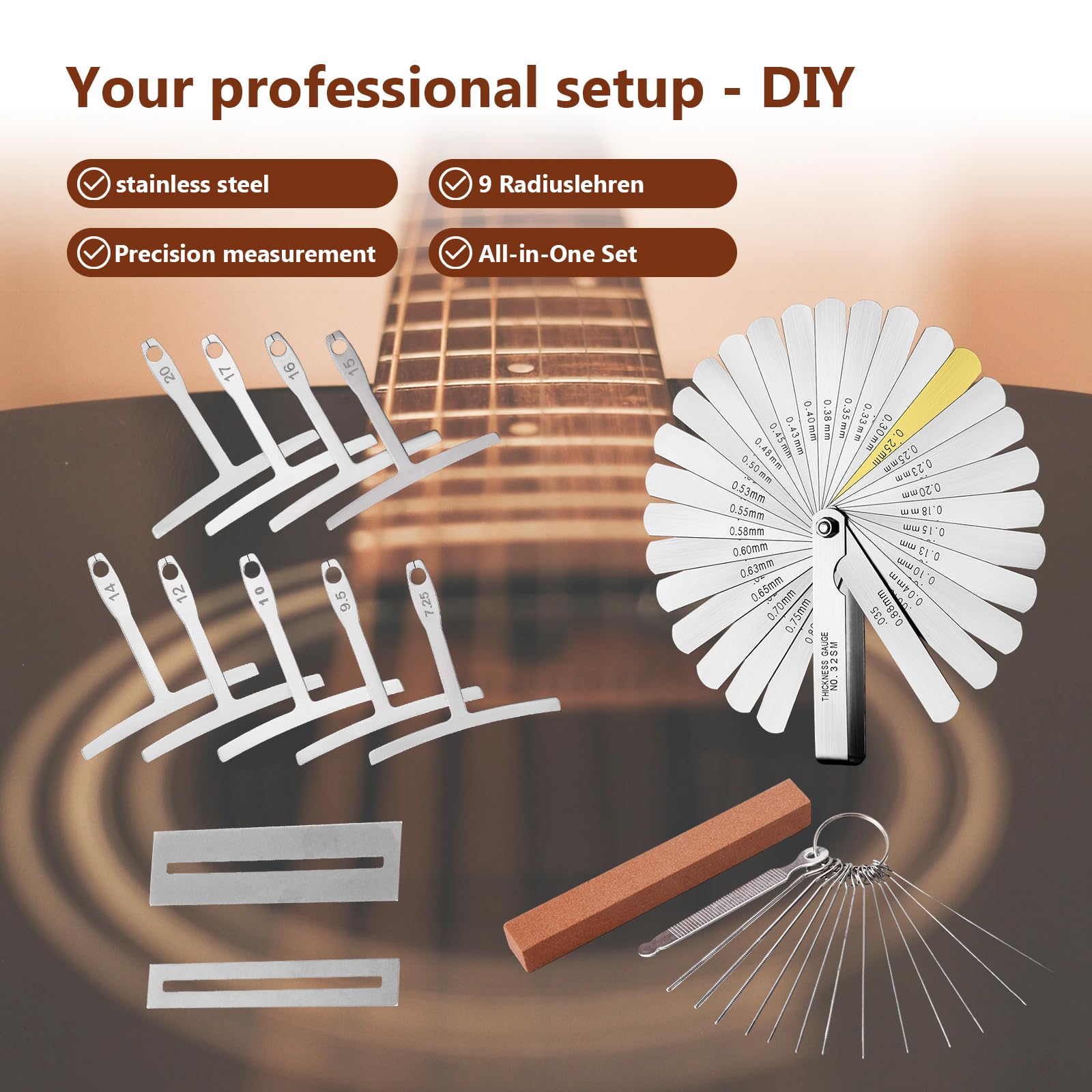Gitarren Werkzeug Set Messwerkzeug für Die Gitarre Gitarren Tool Set Enthält Kunststofflineal Silbernen Pads Spaltlehre Roten Wetzstein Feile Und 9 T Winkel Geeignet für Bass Banjo Usw