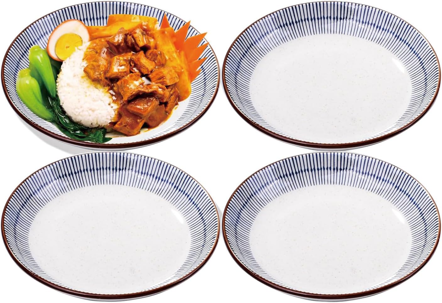 Japanese Ceramic Dinner Plate Set of 4, 7.2 Inch Blue Stripes Salad Plates