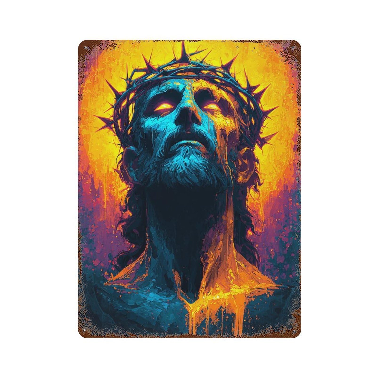 Rust Effect Jesu Christ Crown Thorns Painting Rustic Tin Plaque 15.7"x11.8", Classic Wall Plaque for Shed, Workshop And Garage Wall Decor