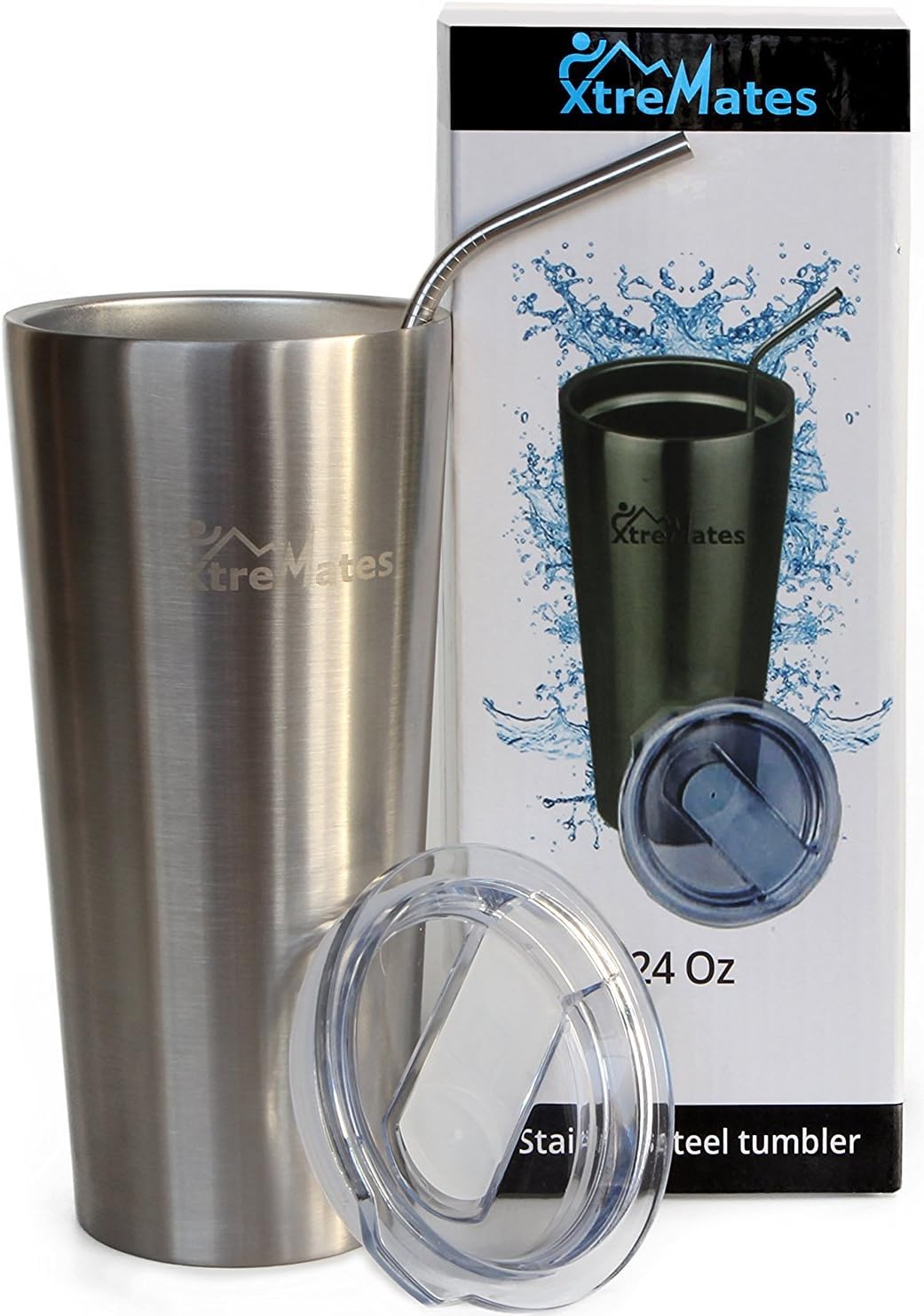 Xtremates Stainless Steel 24Oz Tumbler-Hot & Cold Double Wall Insulated Premium Newest Straight Outer Shape - X-durable Tritan Spill/Splash Proof slider Lid–Bonus Curved Straw