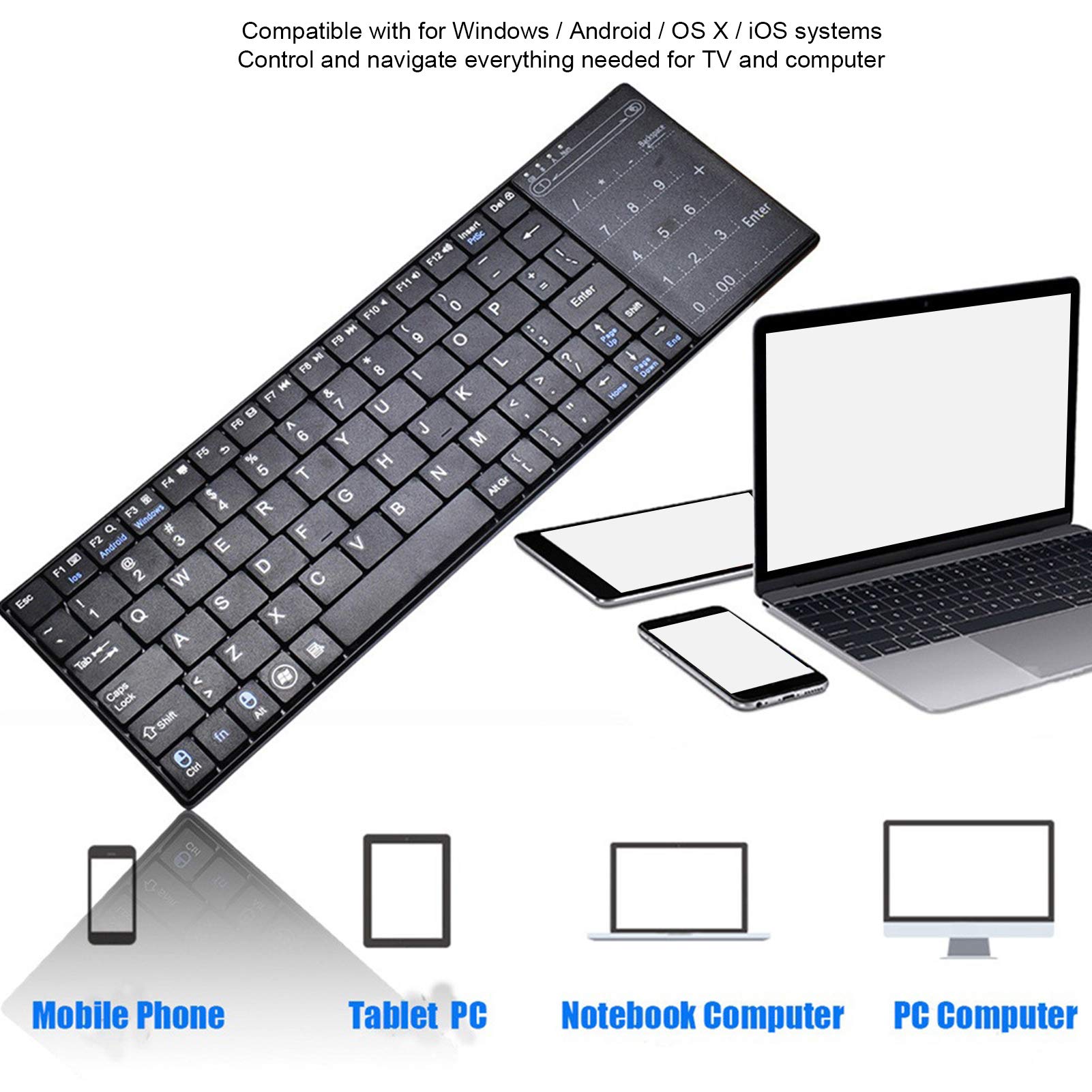 Tastiera Wireless con Touchpad Ultra Sottile Bluetooth 3.0 88 Tasti Compatibile con Android OS X iOS Nera KB709