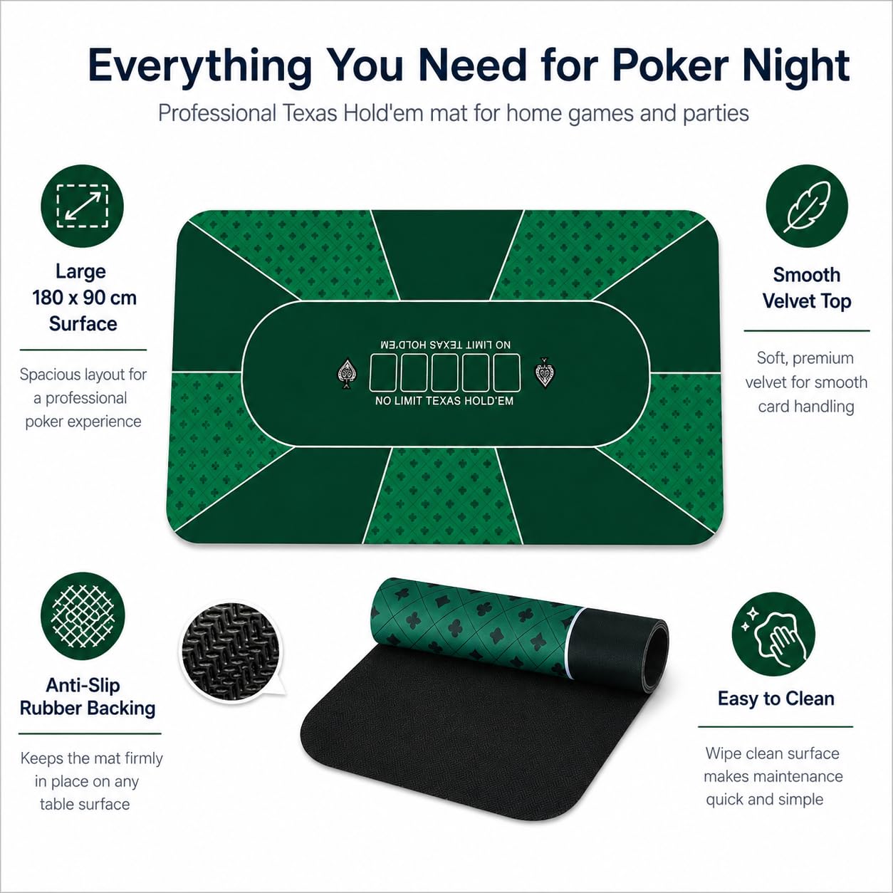 Tapis de poker professionnel Texas Hold'em - 180 x 90 cm - Tapis de poker de luxe - Housse de table de poker - Tapis de blackjack - Avec sac de transport pour une véritable sensation de casino (vert