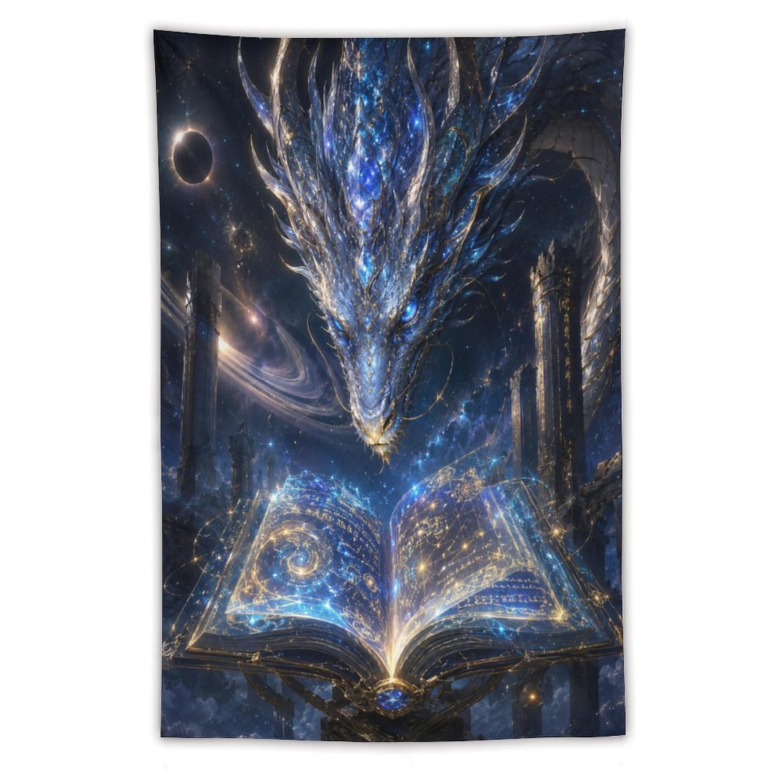 H3B8U2Y5 Blue Dragon Magic Book Wall Tapestry, Surrealist, Fantasy Legend