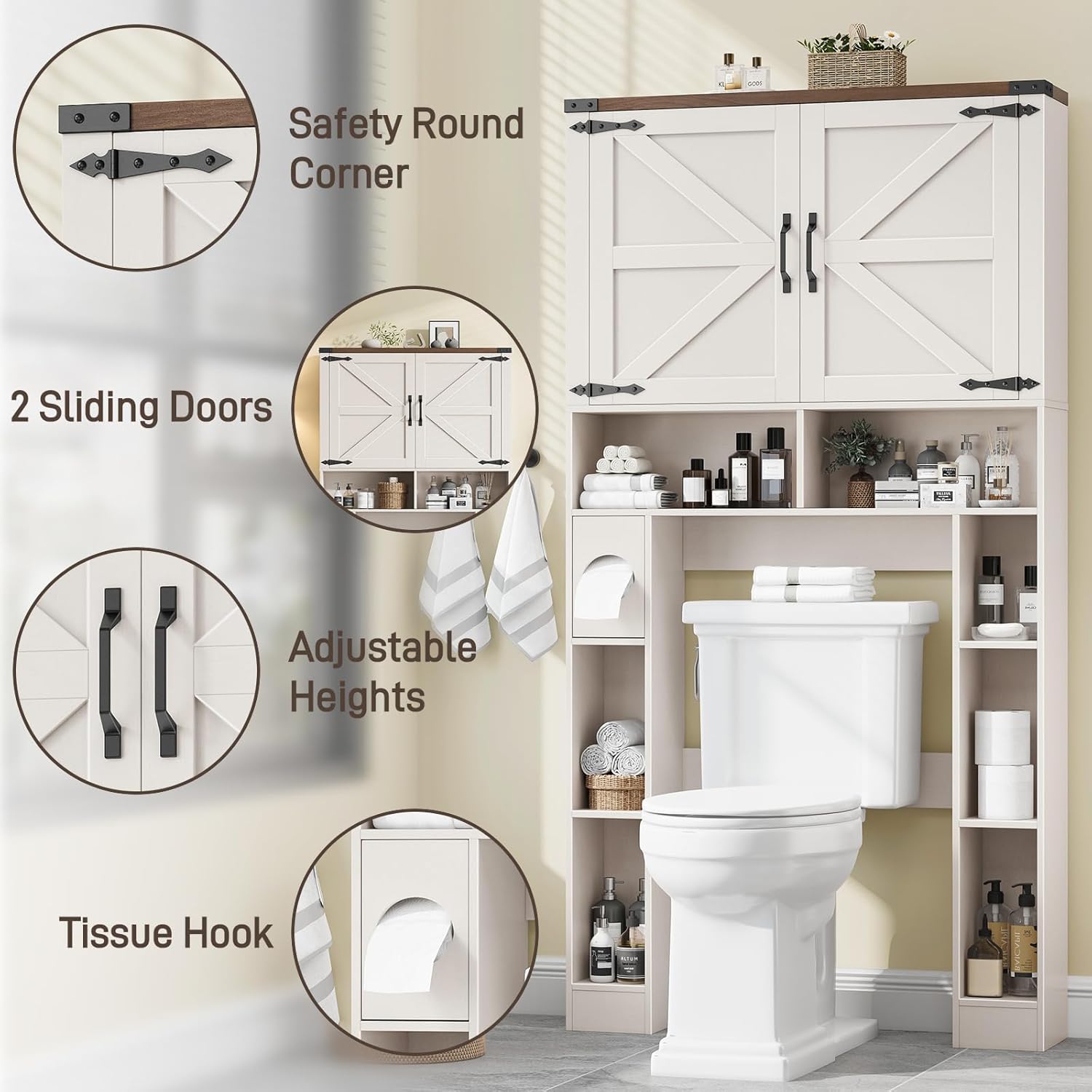 Vabches Over The Toilet Storage Cabinet, Farmhouse Storage Cabinet Over Toilet with 2 Barn Doors ，Toilet Paper Holder Stand，Home Space-Saving Toilet Rack, for Laundry, Restroom, Bathroom