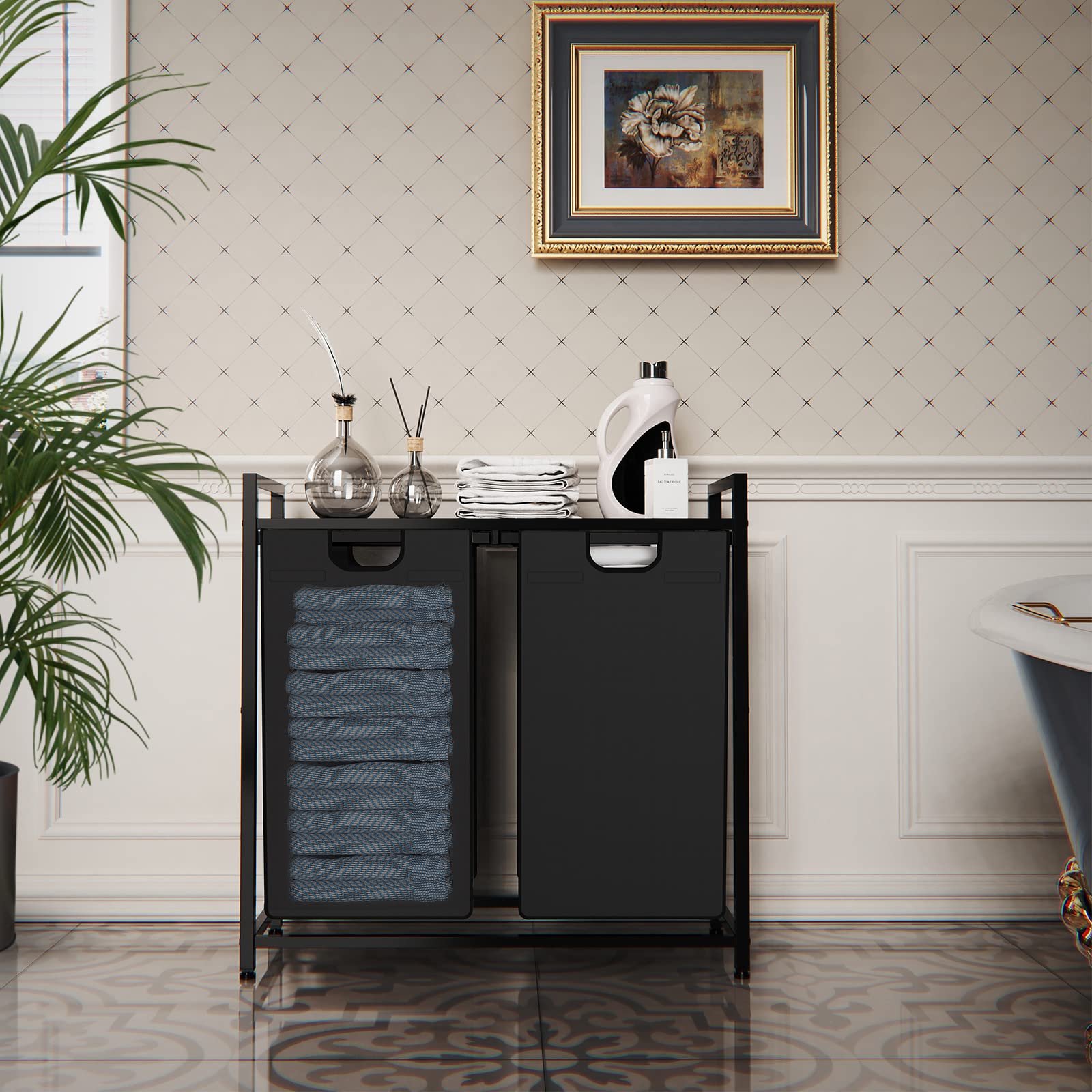 AMHANCIBLE Laundry Hamper, Large Laundry Bakset 2 Section, Laundry Sorter with 2 compartment, Pull-Out and Removable Bags, Top Table, Metal Frame, 2 x 13 Gallons (48L), Rustic Brown Black HLS02BR