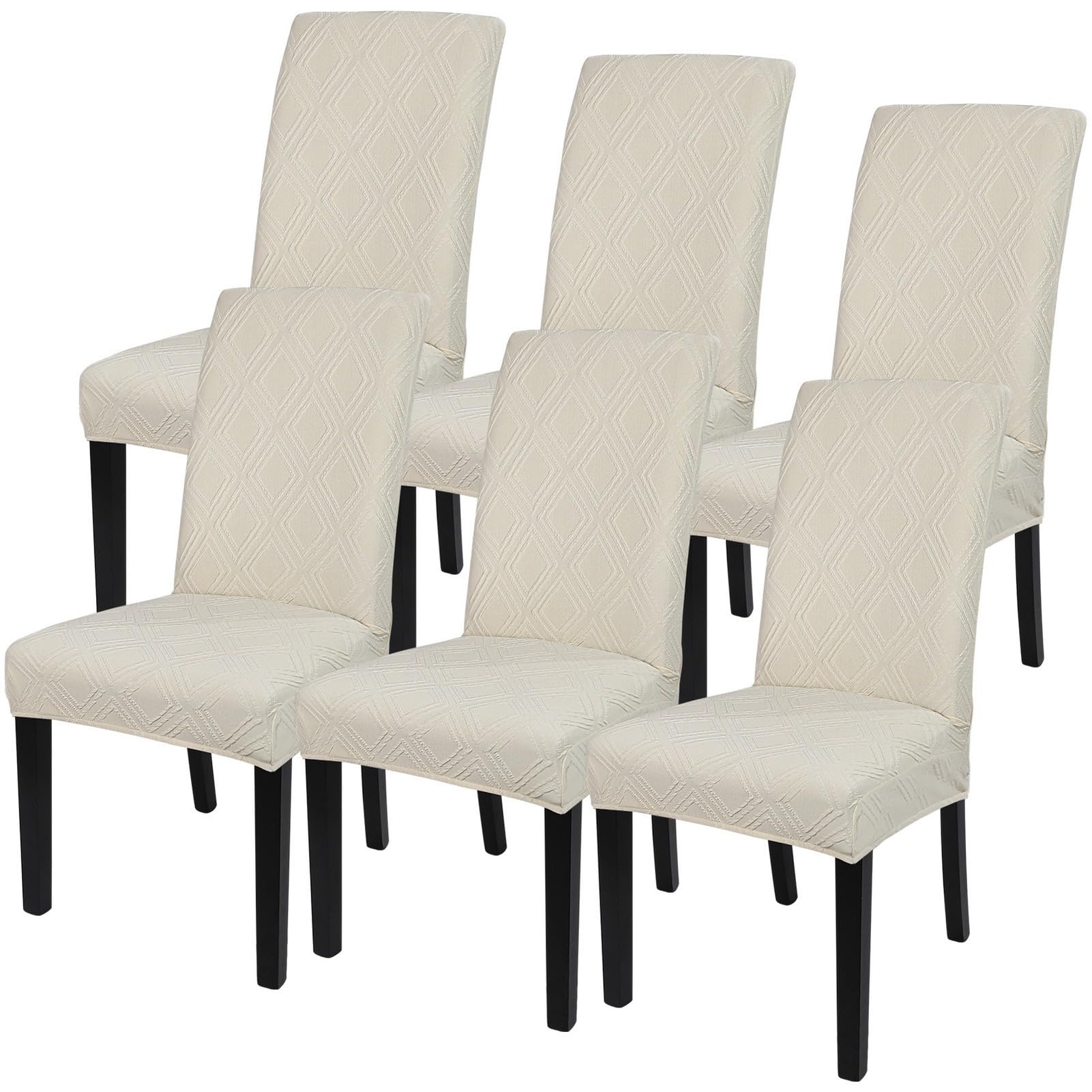SearchI Jacquard Dining Room Chair Covers Set of 6, Stretch Kitchen Chair Covers Washable Parsons Chair Slipcover Removable Dining Chair Protectors for Hotel,Ceremony(Beige Diamond Jacquard)
