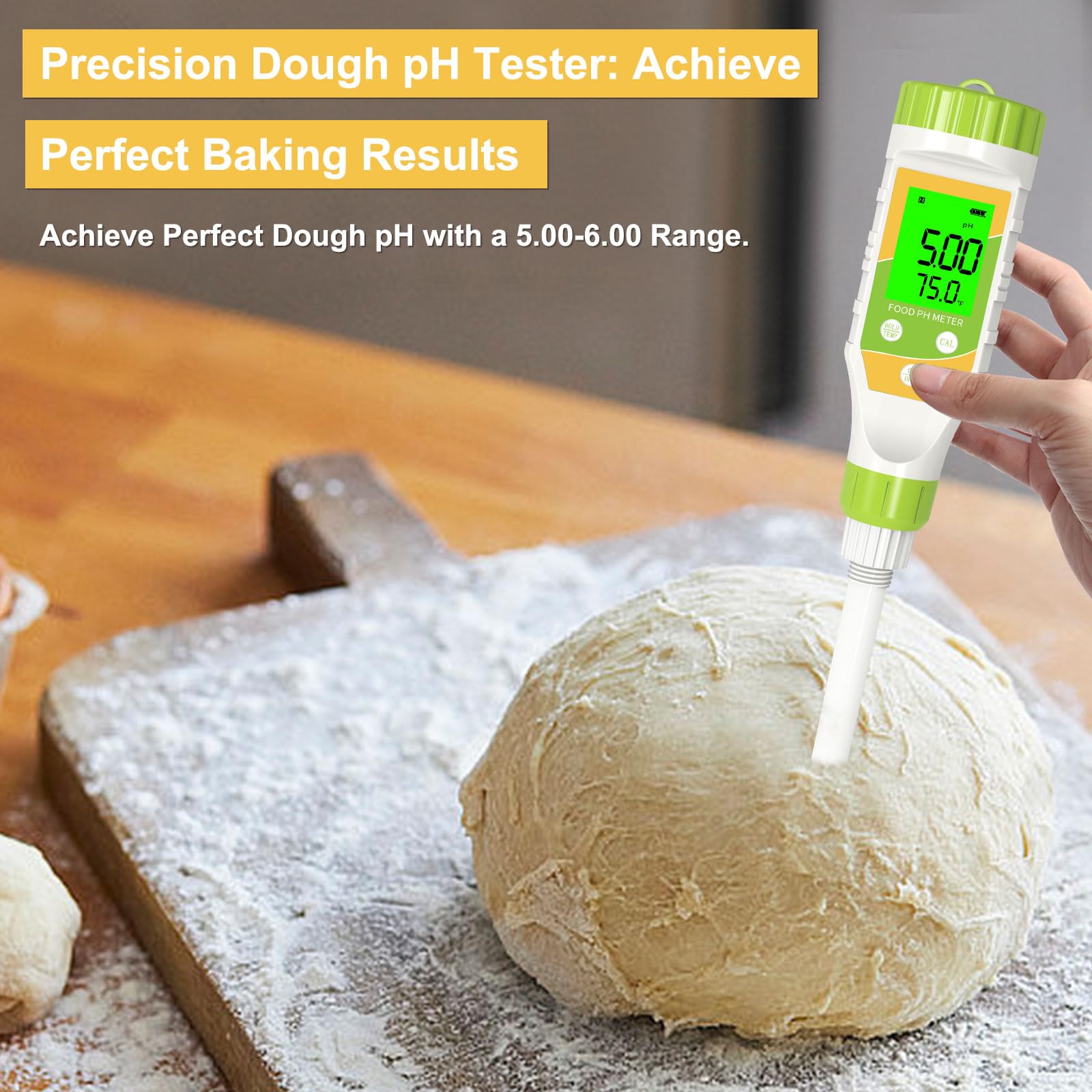 Medidor digital de pH para alimentos, resolución 0.01, probador de pH de alimentos de alta precisión con pantalla LCD retroiluminada y ATC para carne, pan, enlatado, elaboración de cerveza,