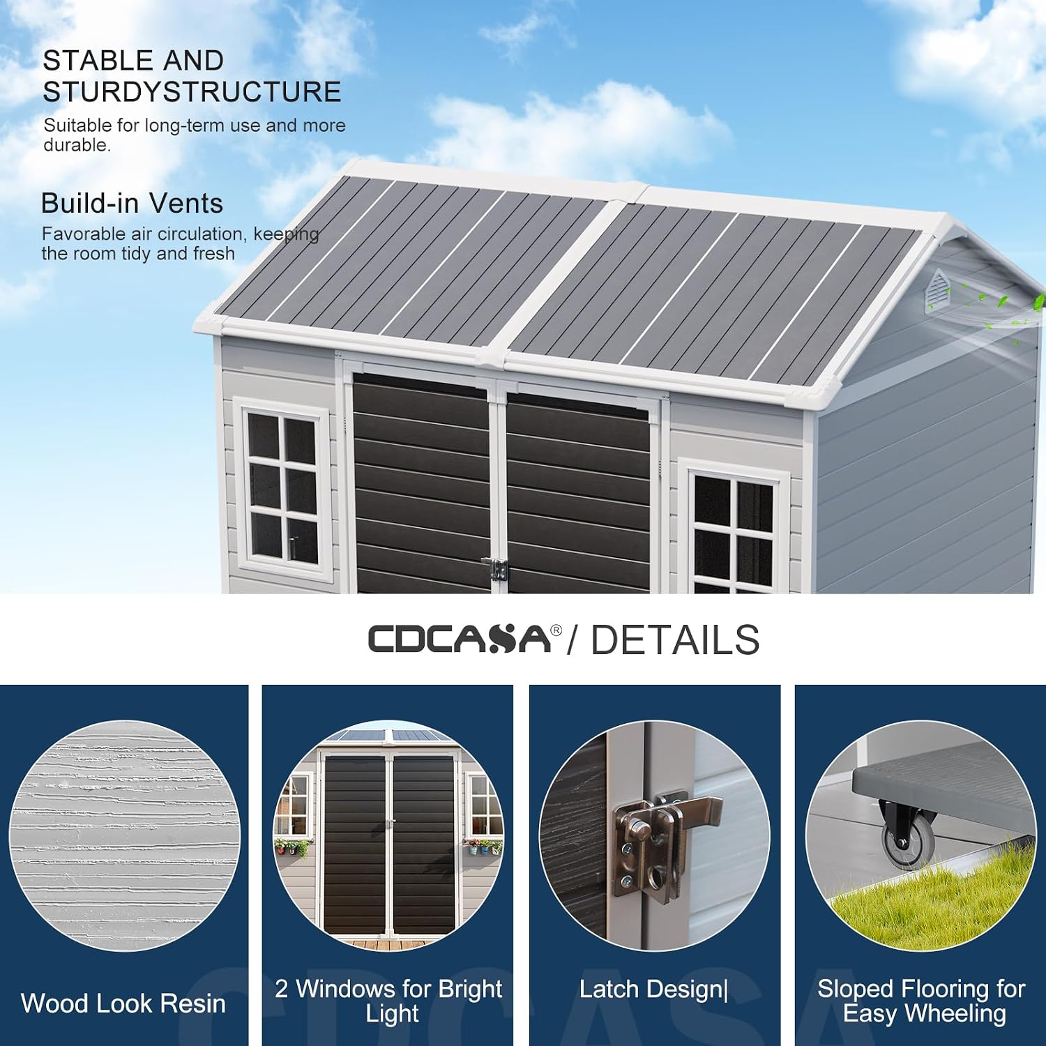 CDCASA 8x6 FT Resin Storage Shed with Floor & 2 Adjustable Openable Windows Included, Outside Plastic Tool Shed for Backyard Patio Poolside Lawn