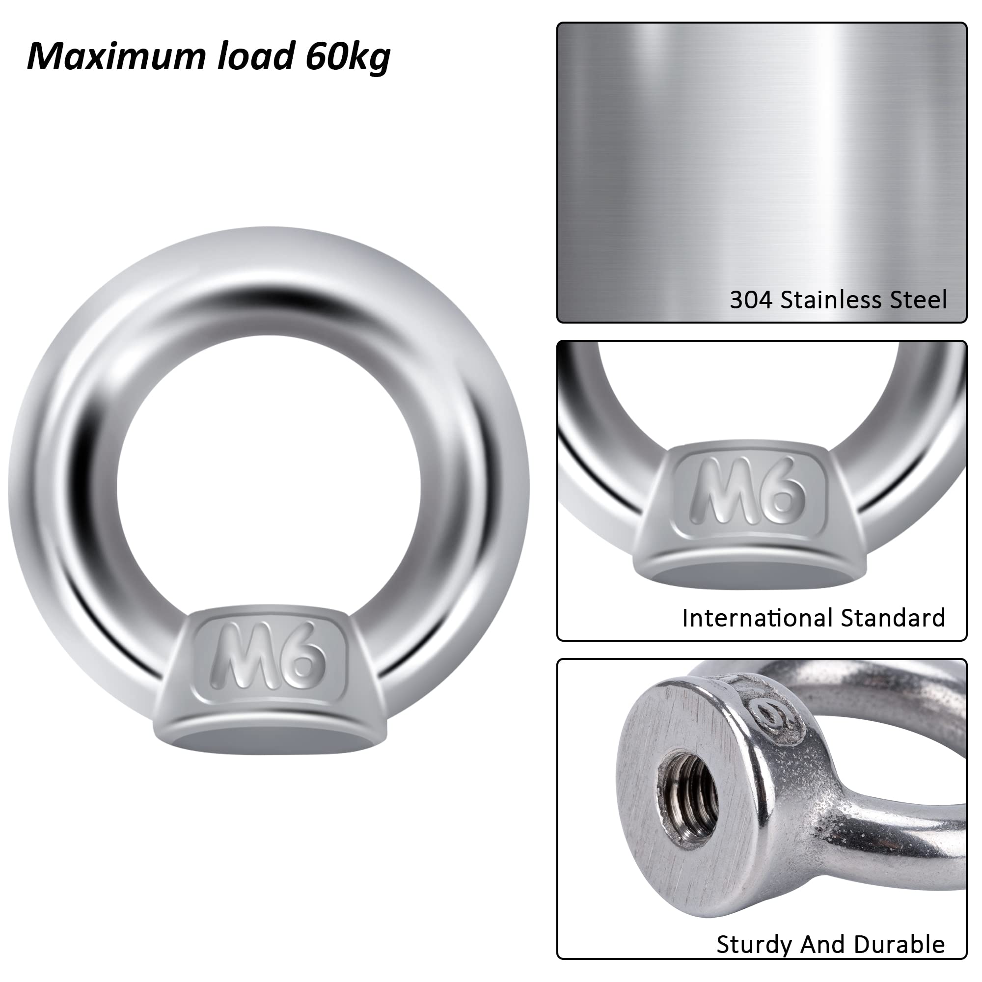 QIMEI-SHOP Dado di Sollevamento M6 Dado a Occhiello Dadi ad Anello in Acciaio Inossidabile 304 per Accessori di Sollevamento e Connessione 12 Pezzi