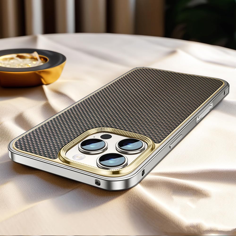Funda de Fibra de Carbono para iPhone 16, 15, 13 y 14 Pro MAX, con Borde metálico anticaídas y Carga inalámbrica magnética, Color Dorado Desierto, para iPhone 15