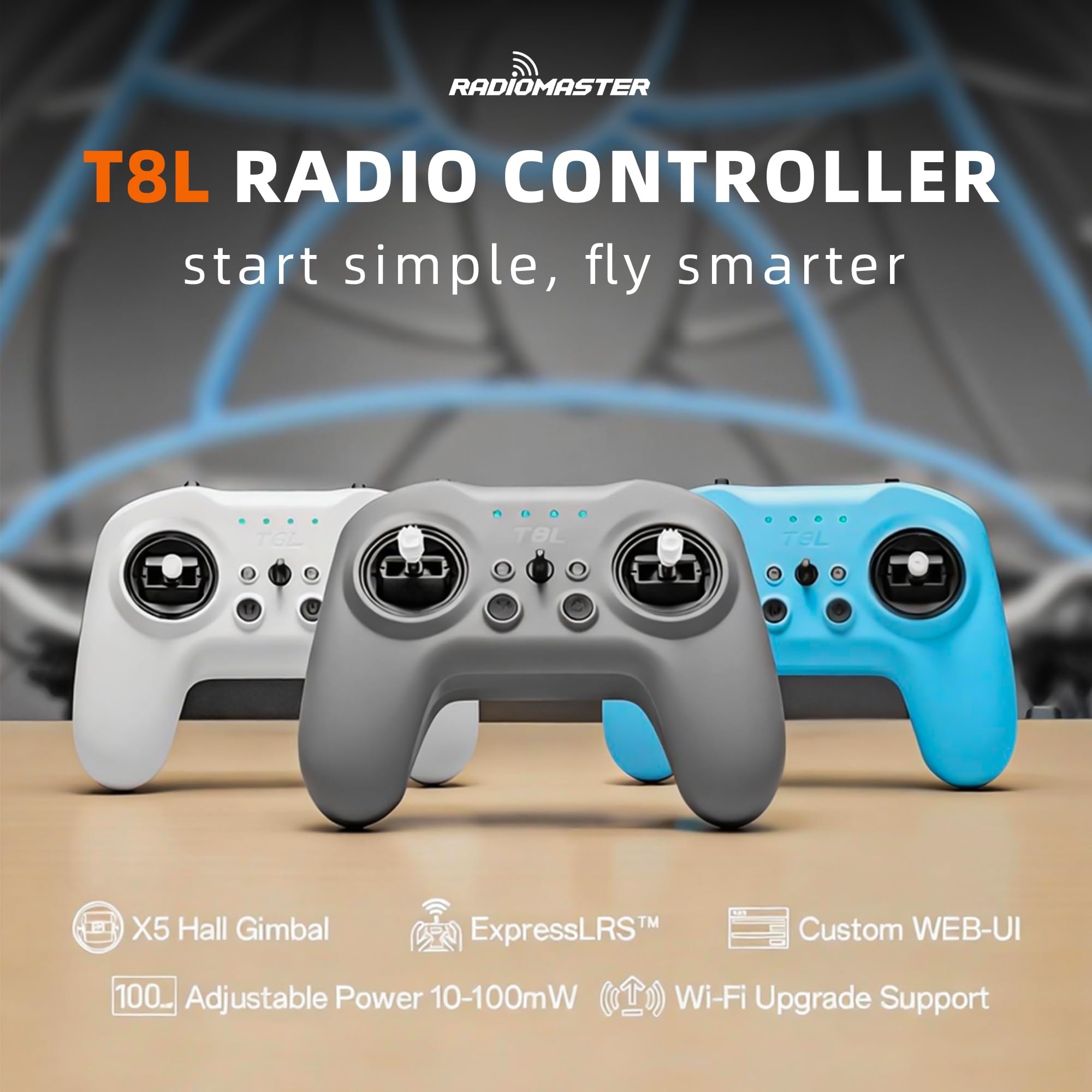 Radiomaster T8L ELRS Télécommande 2,4 GHz avec gimbaux à Effet Hall, Charge USB-C et compatibilité simulateur pour Drone FPV, hélicoptère RC, Voiture, Bateau et multirotor (Blanc)