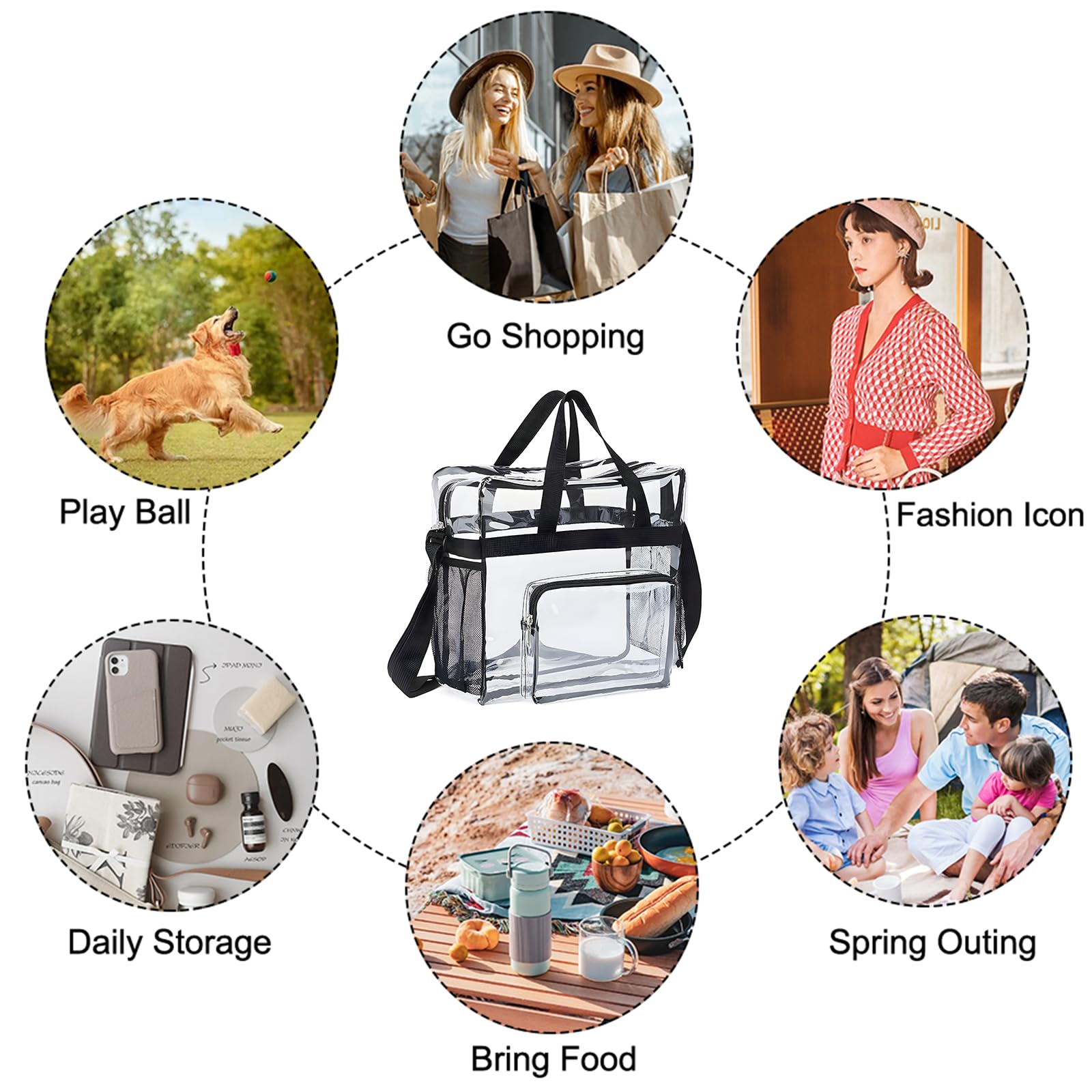 Bolso Transparente Mujer, PVC Bolso Bolsa Viaje Accesorios | Impermeable Bolsas Transparentes para Estadios con Bolsillos para El Trabajo, Juegos Deportivos y Conciertos