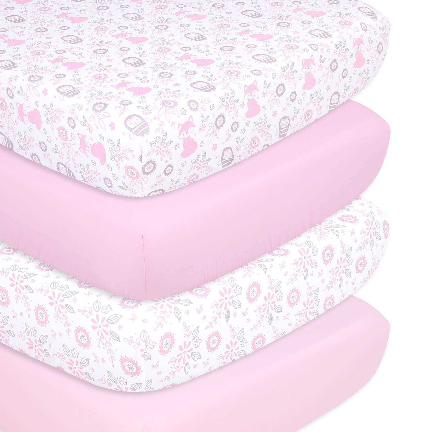 The PeanutshellBaby Crib Sheets 4-Pack for Girl - Soft, Oval & Fitted Baby Girls Crib Sheet, Rectangle, Fitted Covers, Halo Mattress - Woodland Floral