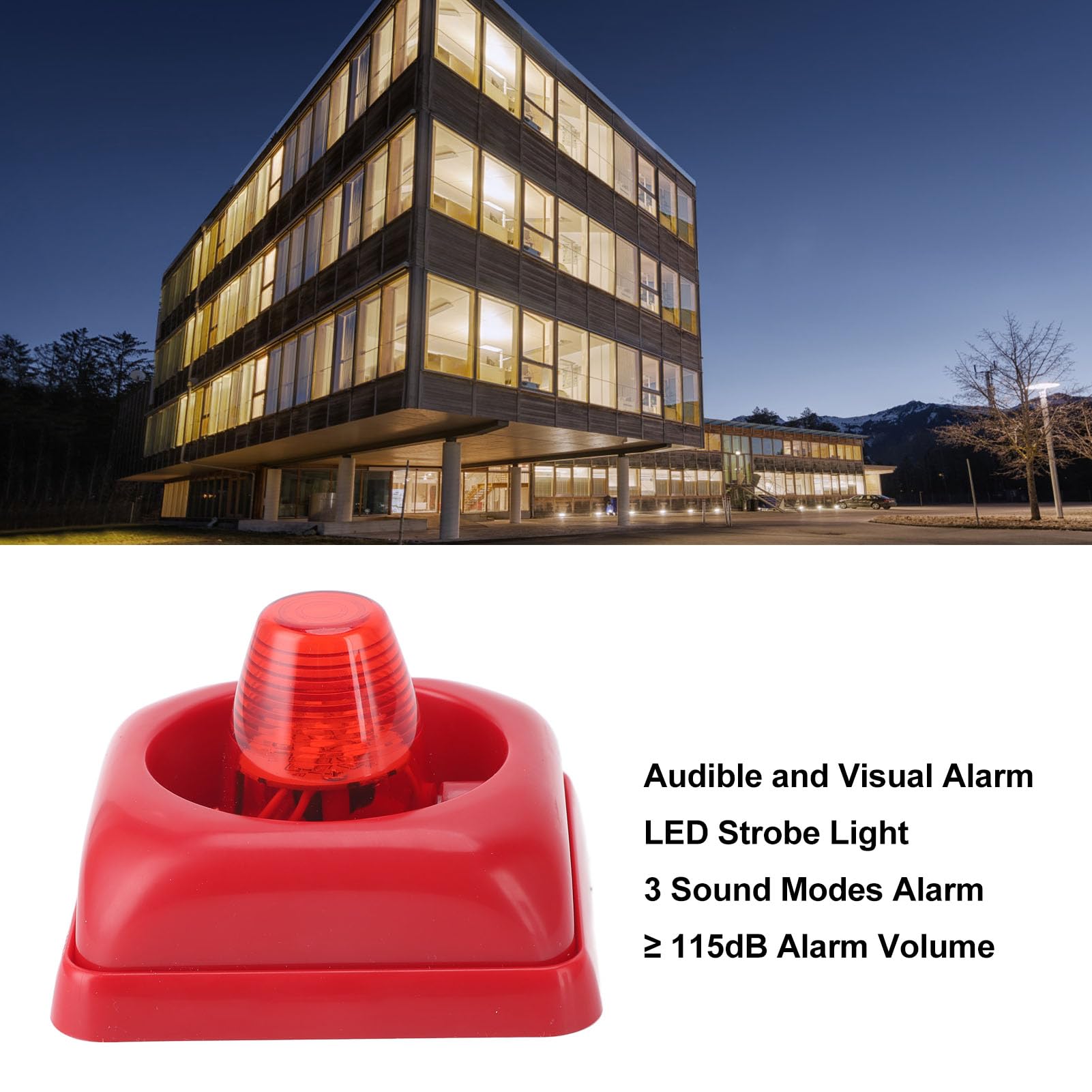 Audible Visual Alarm,LED Fire Alarm,DC12V 24V 115dB Strobe Warning Horn 3 Sound Modes Light Alarm ABS LED Flashing Alarm Fire Security Horn for Fire Detection