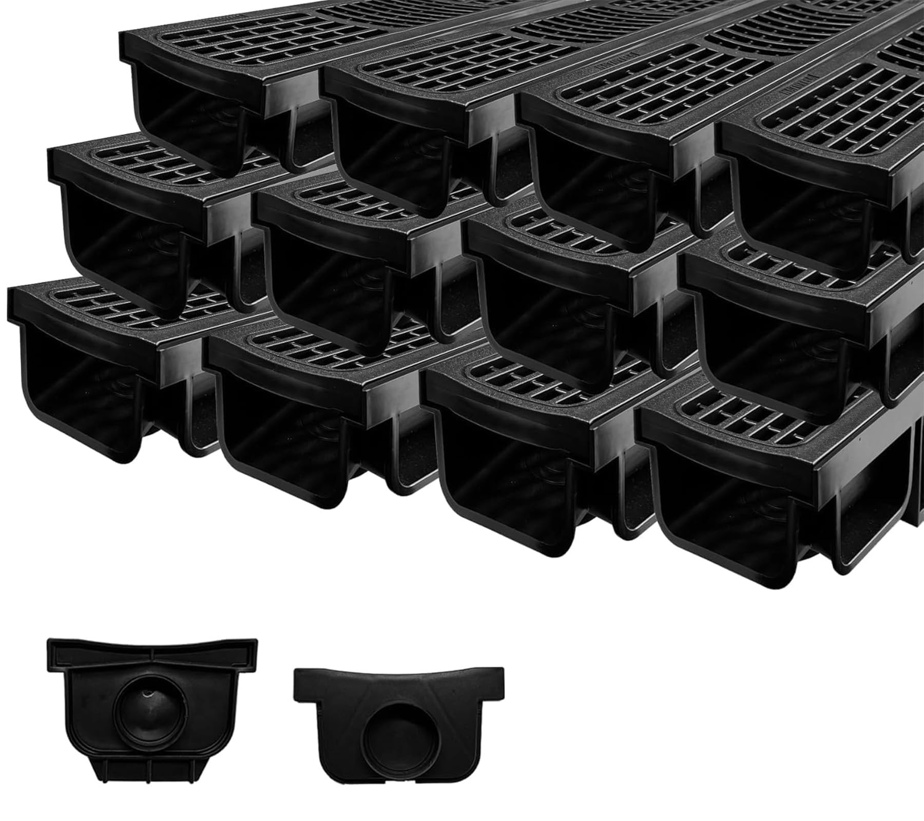 Lot de 12: 500x140x100 mm Caniveau Terrasse en PEHD Noir avec Grille, B125 caniveau extérieur de Drainage en PEHD, 6m, pour l'allée, Le Jardin, la terrasse, Le Garage, Le Cour