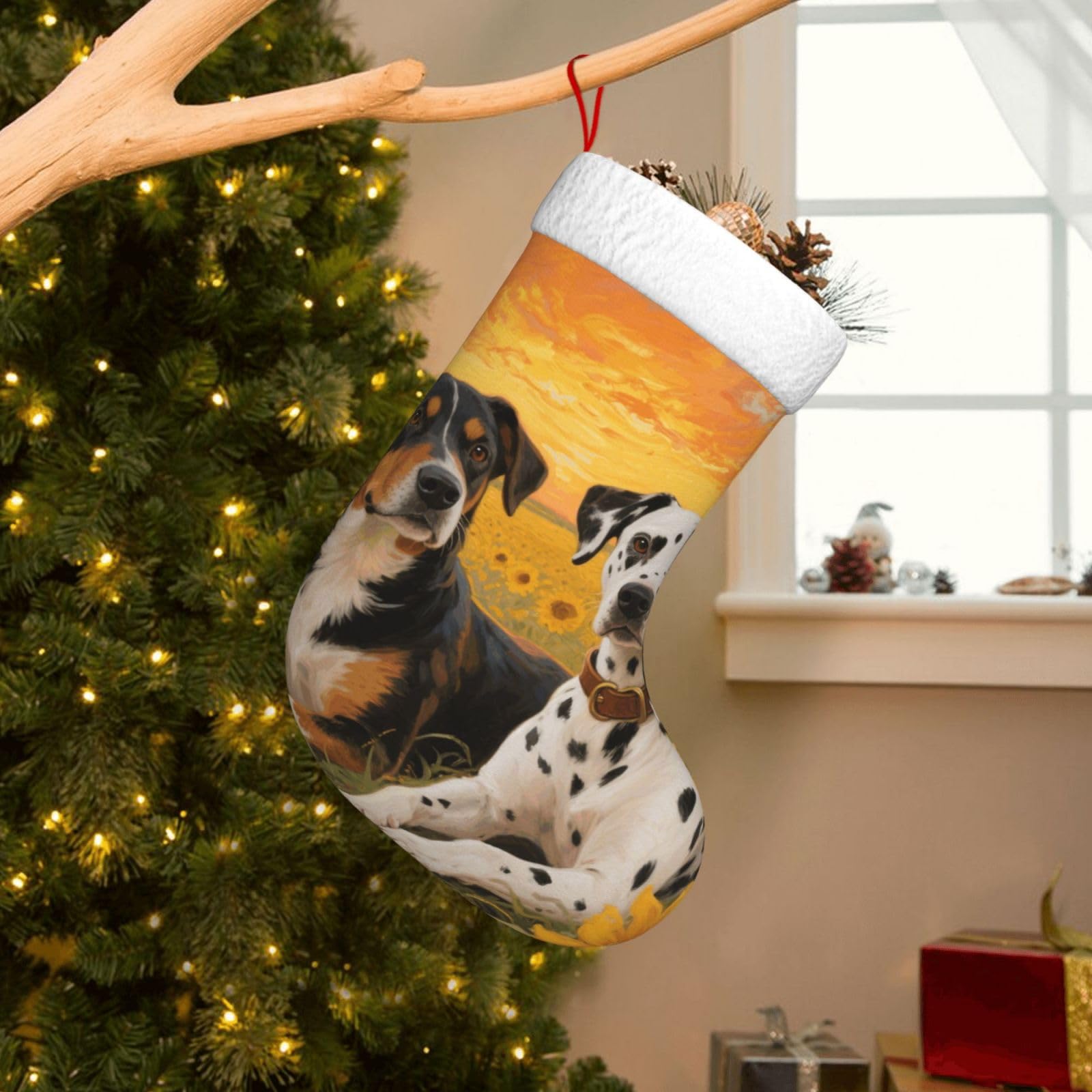 Velvet Christmas Stockings 17.7 Inch, Dog Paint and Sunset Xmas Stocking with Soft Cuff,Classic Personalized Christmas Tree Decoration for Family Holiday New Year Party Supplies
