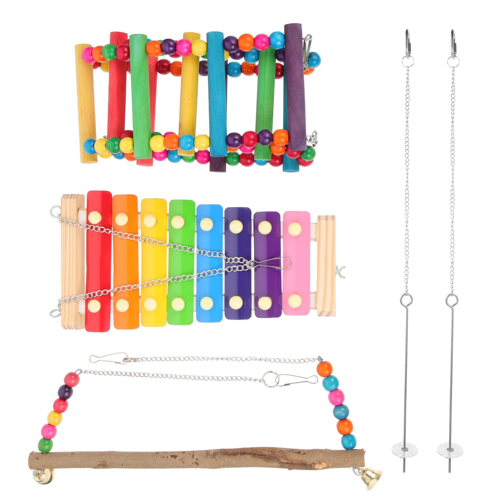 Luxshiny Hölzernes Kletterspielzeug für Vögel mit Futternetz Hängespielzeug und Schaukel 5 Stück für Papageien Finken und Haustierhühner im Vogelkäfig und Hühnerstall