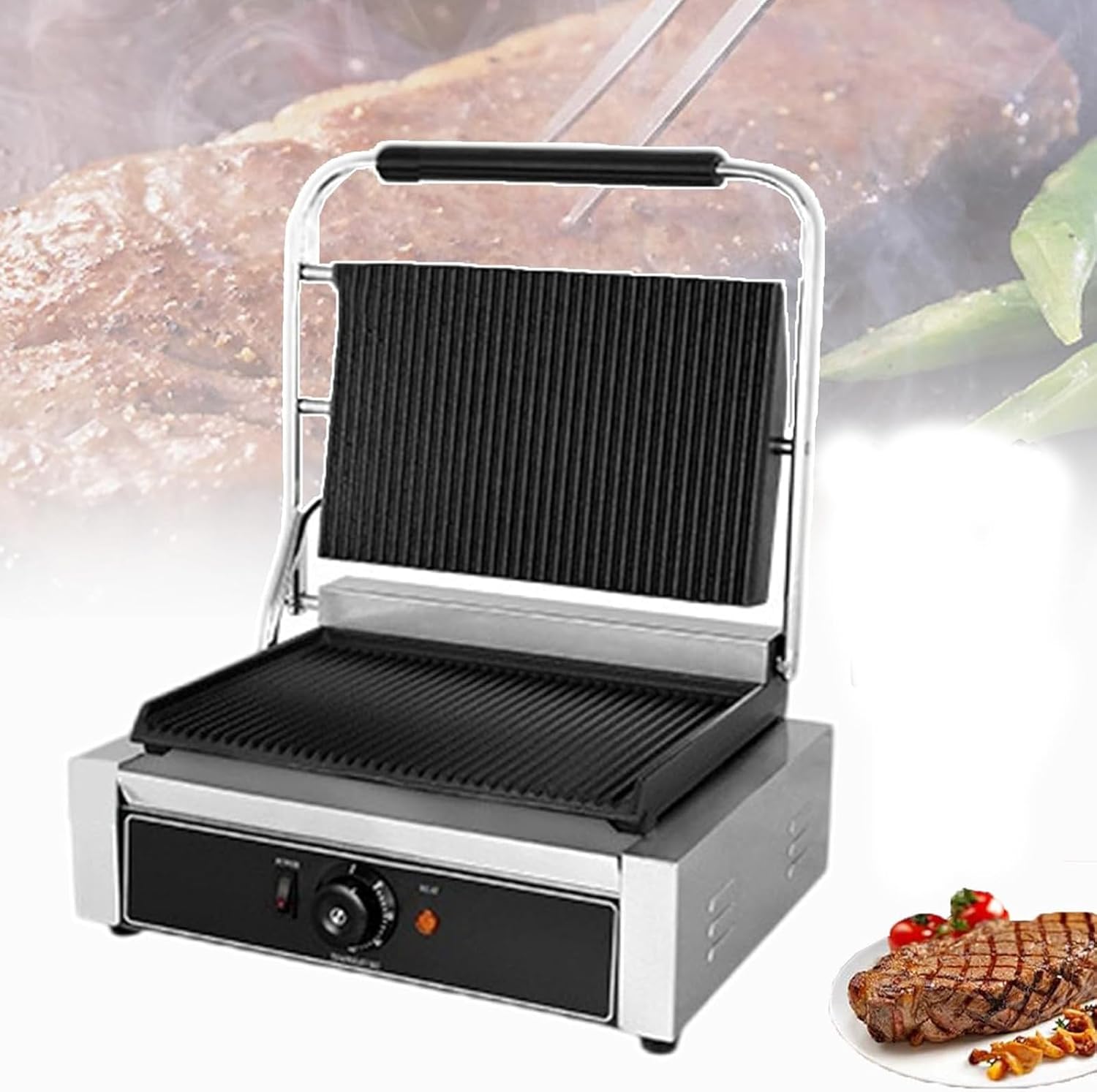 Electric Sandwich Press Grill Commercial Sandwich Deep Fill Toastie Maker w/Non-Stick Coating, Single-head Electric Griddle for Waffle, Stainless Steel (1800W)