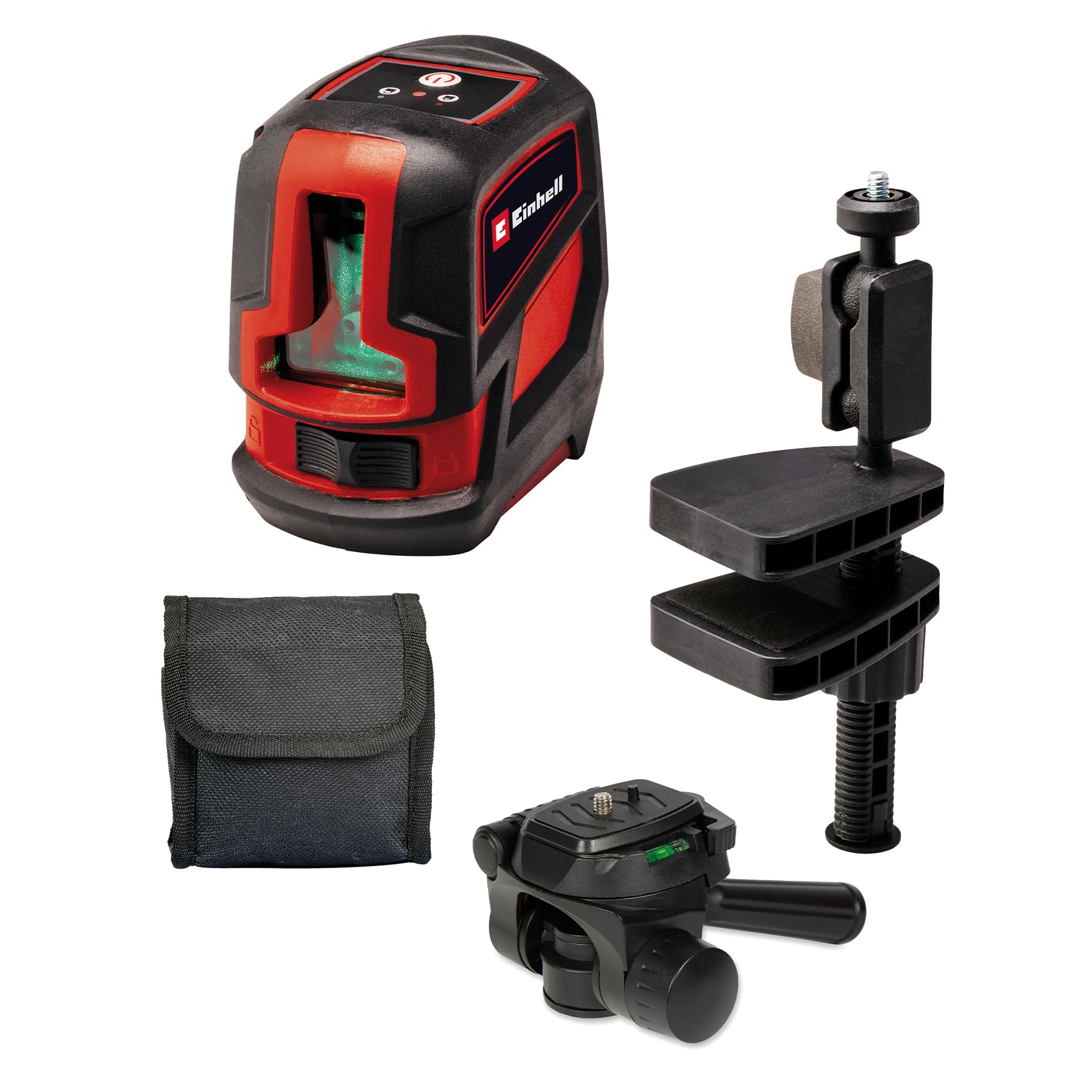 Einhell Kreuzlinienlaser TC-LL 2 G (selbstnivellierend, horizontale/vertikale grüne Laserlinien, digitale Wasserwaage, 1/4" Stativgewinde, inkl. Tasche, Universalklemme & Adapter)