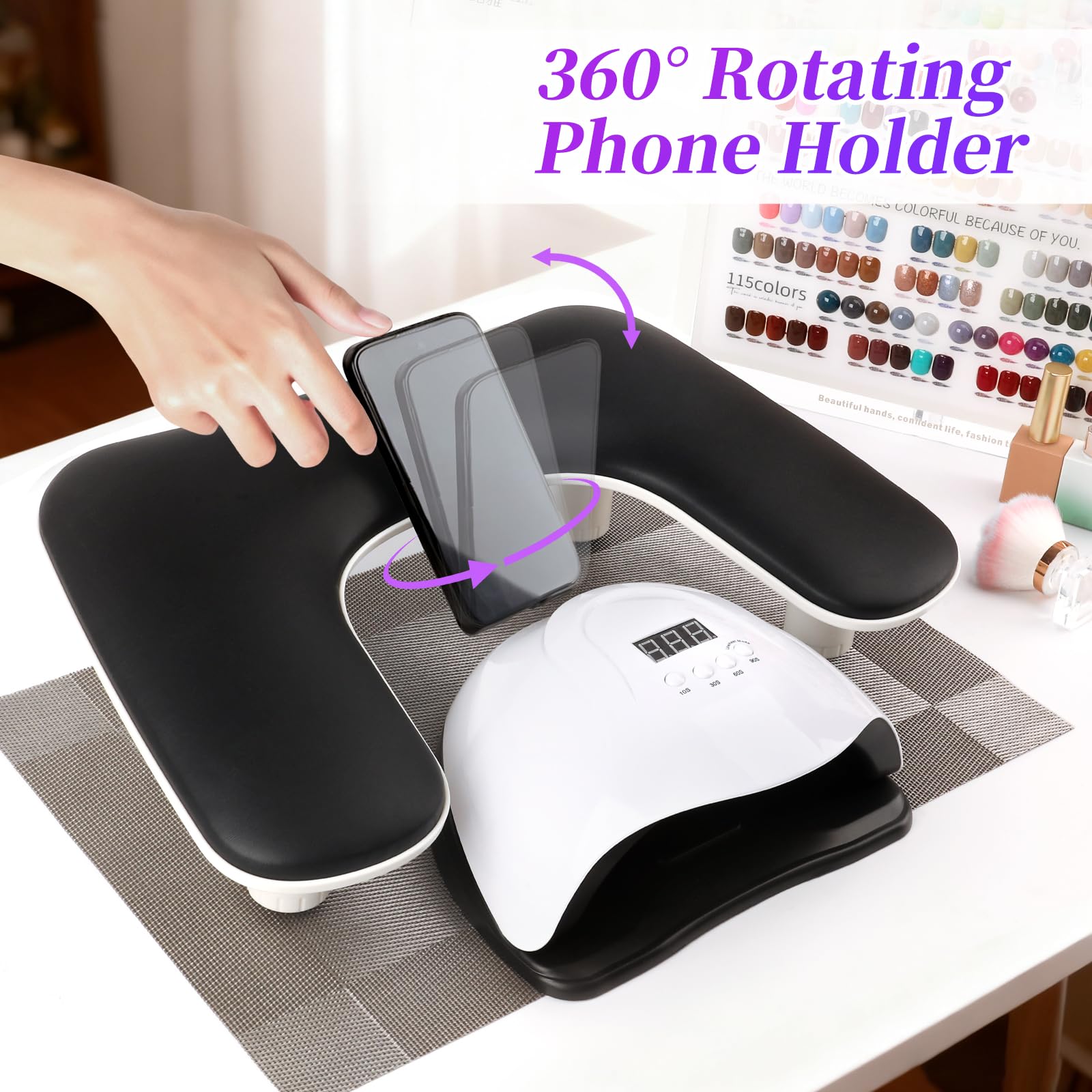 Reposabrazos para manicura con soporte giratorio para teléfono para técnicos de uñas, reposamanos ajustable en forma de U para uñas, cuero PU, Apoyos para las manos (Negro)