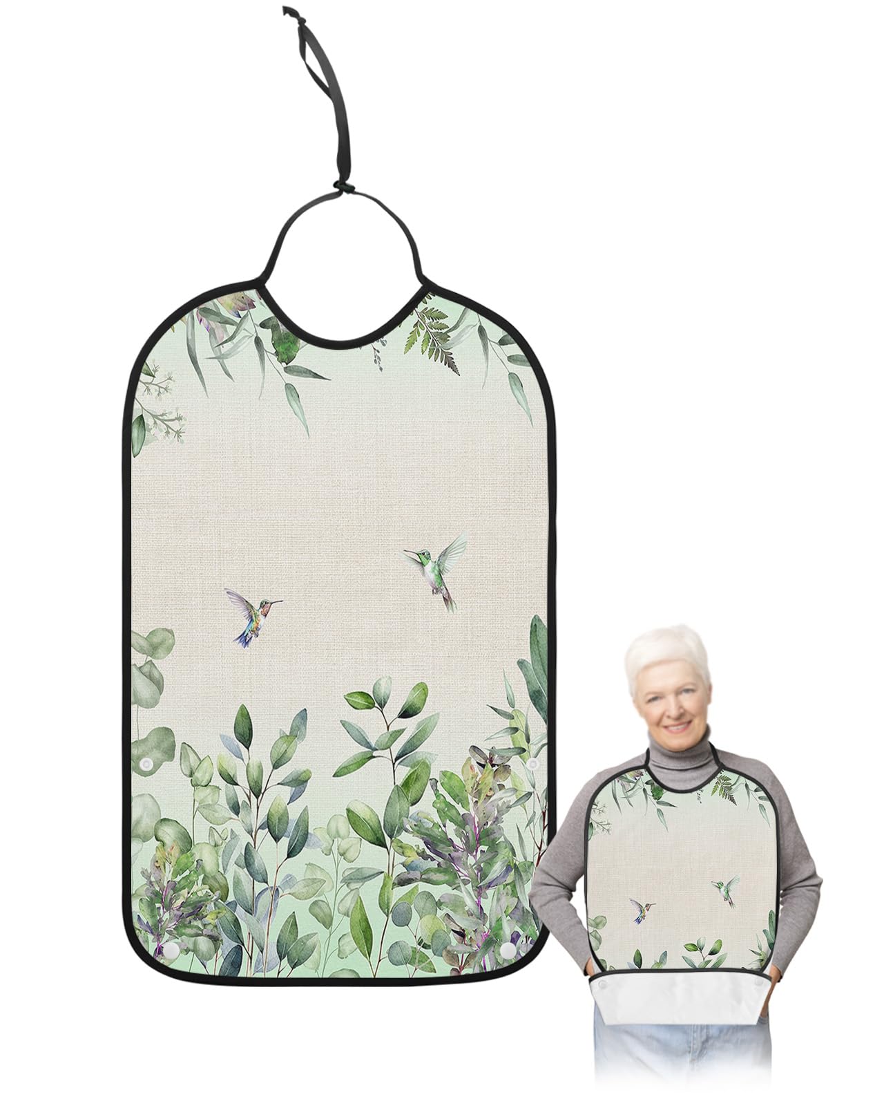 LEOKOTI Green Botanical Adult Bibs for Eating, Waterproof Bibs with Food Catcher & Snap Closure, Watercolor Eucalyptus Leaves Birds Rustic Washable Clothing Protectors Adult Bibs for Elderly