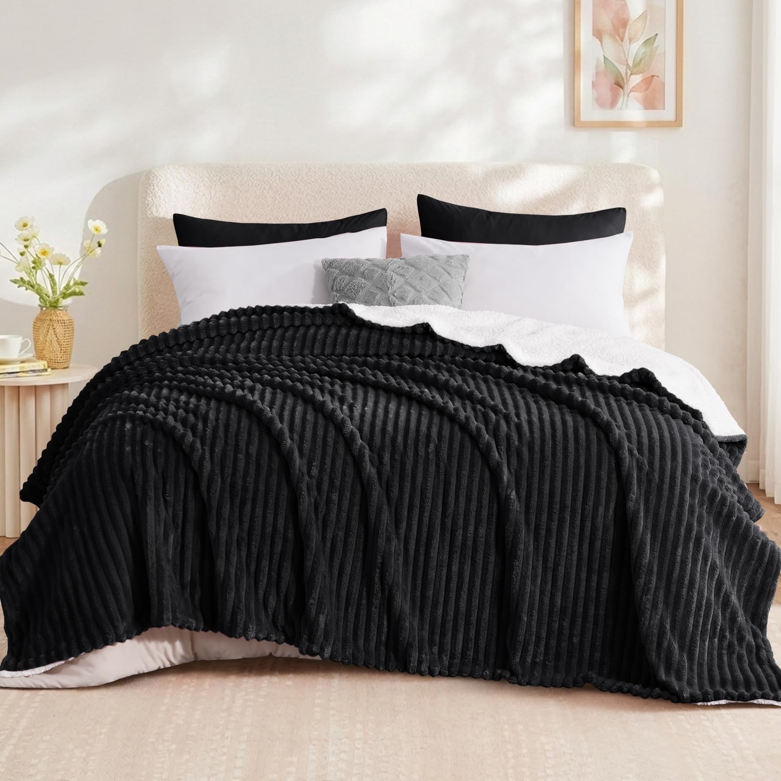 Aisbo Sherpa Fleece Throws for Sofas - Thick Blanket,230x270cm, Black