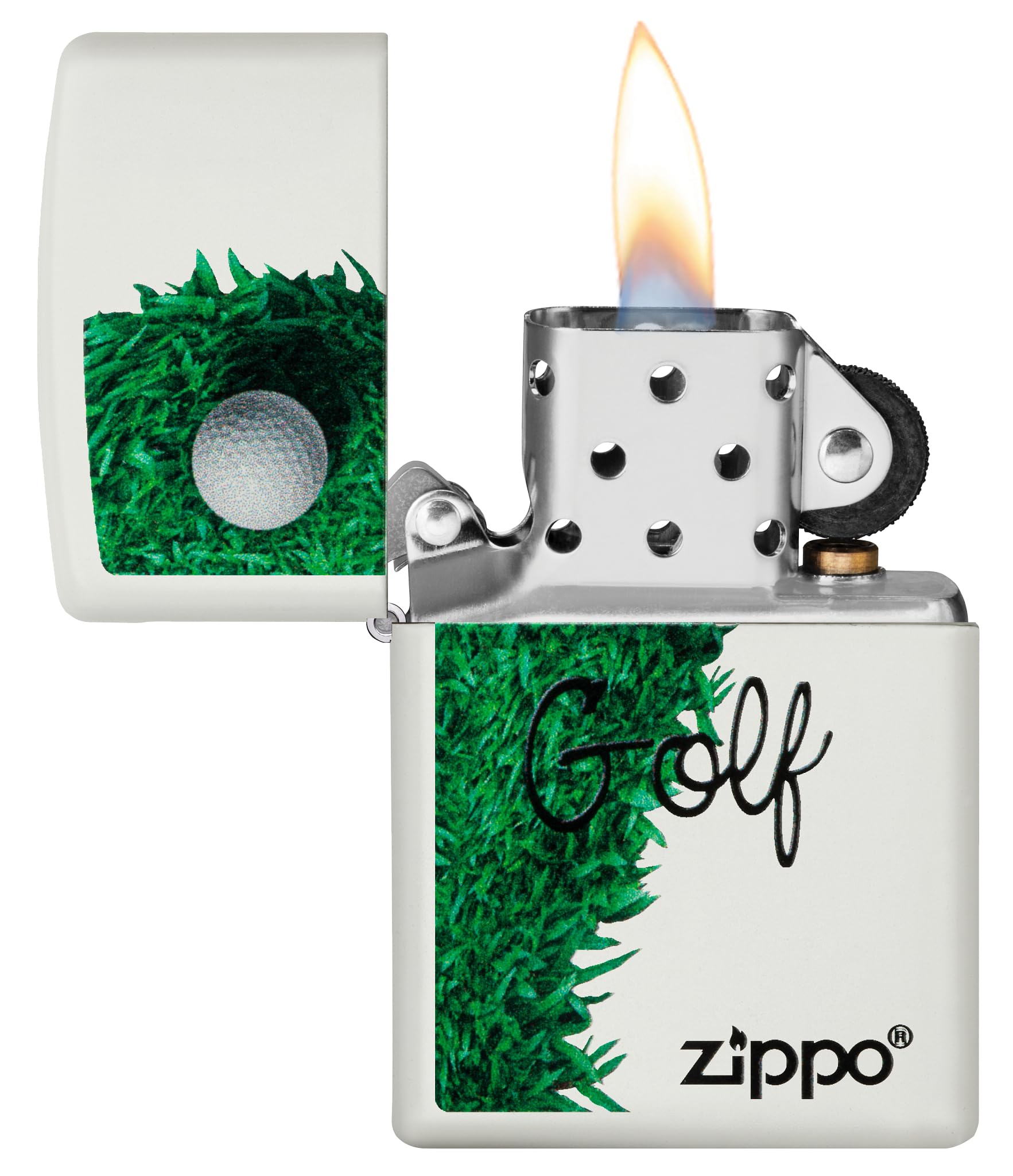 Zippo - Briquet Tempête Motif Golf, Blanc Mat, Impression Color Image, Rechargeable, Réutilisable, Coupe-Vent, Coffret Cadeau, Fabriqué Aux États-Unis