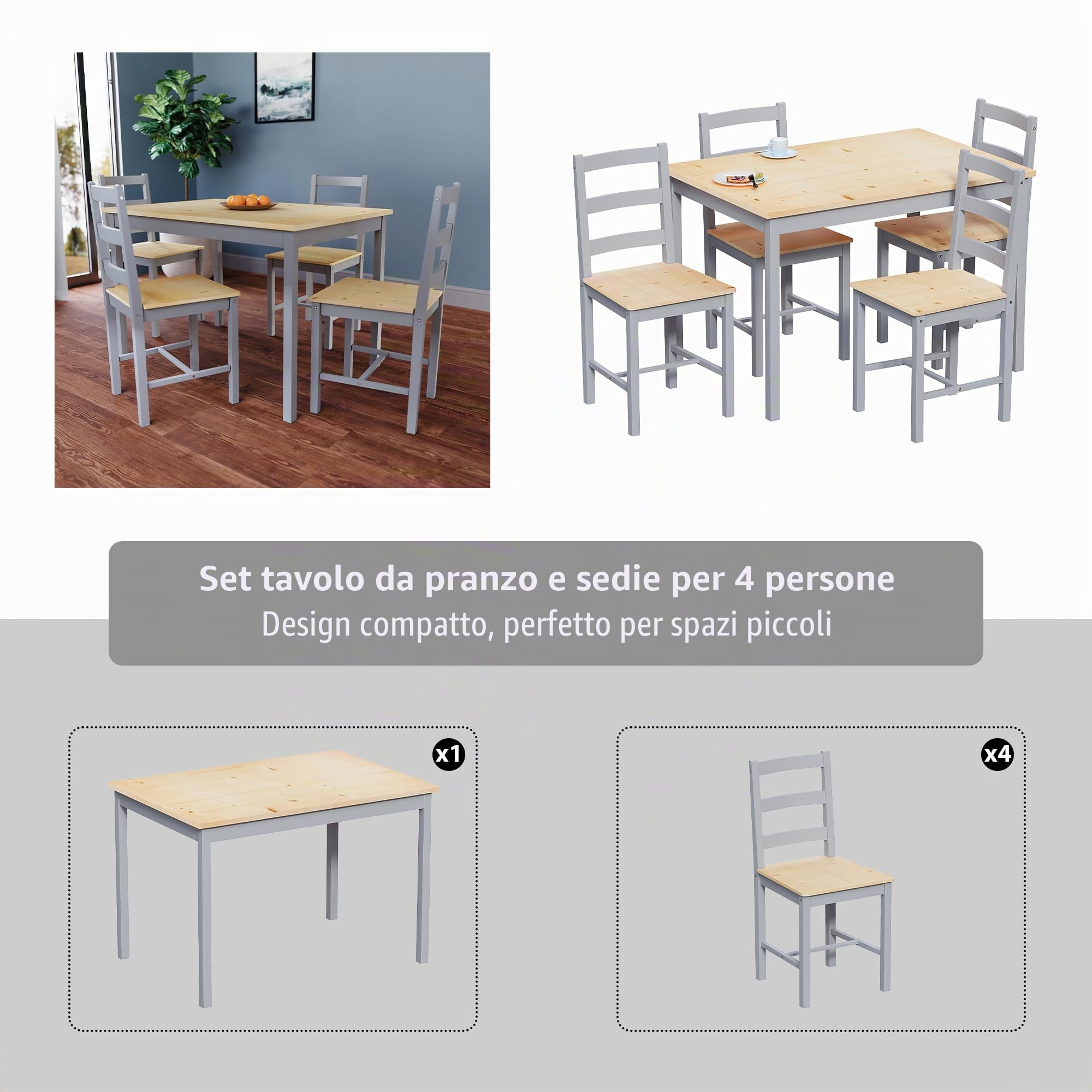 Vida Designs Set tavolo da pranzo e sedie Yorkshire mobili per la casa (grigio e pino, 4 posti)
