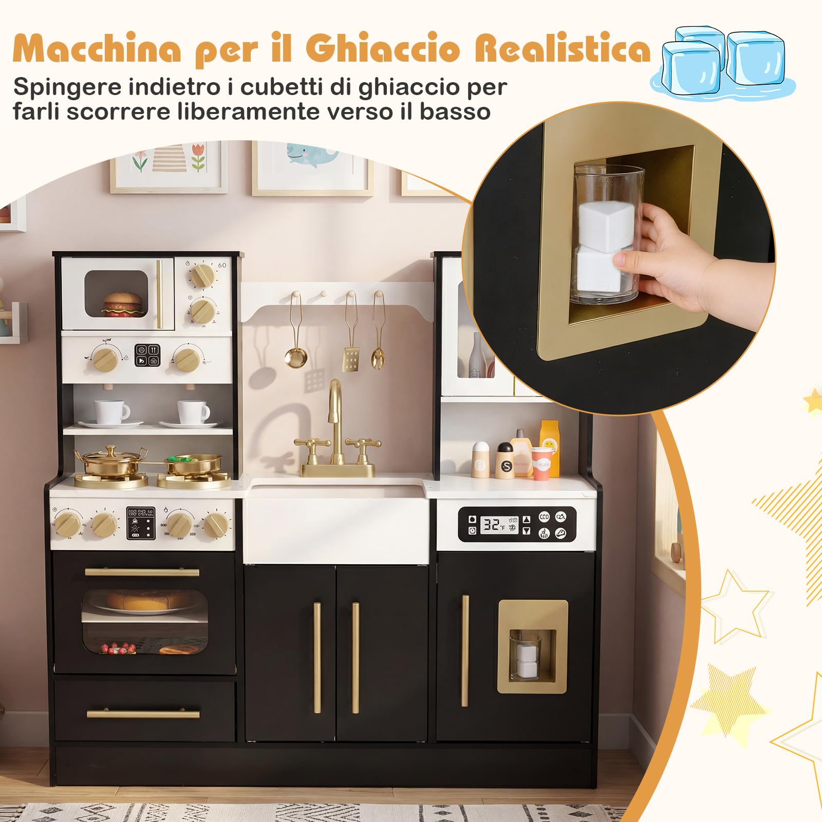 COSTWAY Cucina in Legno per Bambini, Cucina Giocattolo con Luci e Suoni Realistici, Fornelli, Lavello, Rubinetto, Forno, Macchina del Ghiaccio e Macchina del Caffè, per Bambini 3+ Anni (Nero)