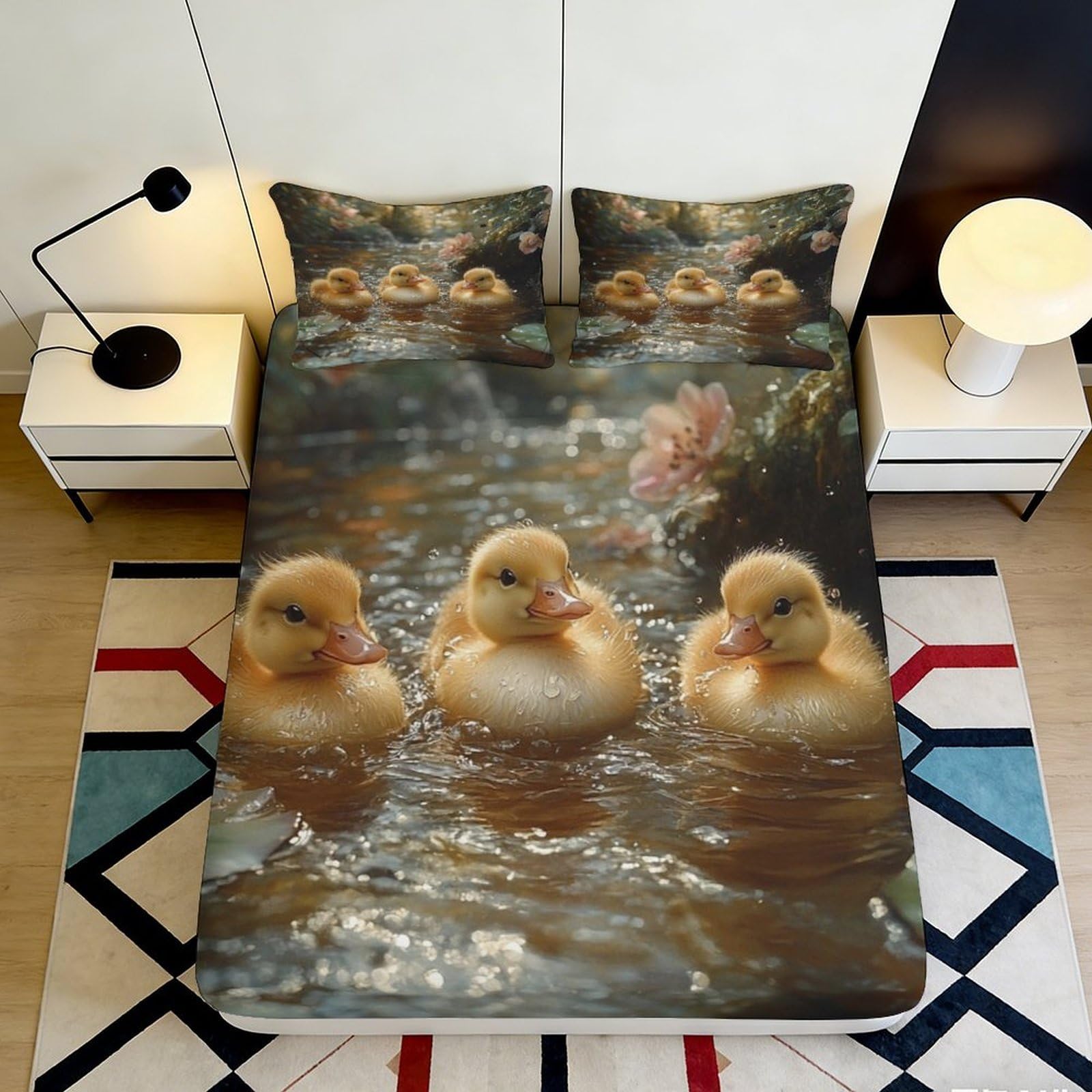 3D Printed Duck Pattern Fitted Sheet Microfiber Deep Pocket Elastic Hem Non-Slip Duck Mattress Fitted Cover for Bedroom 90x200x25cm