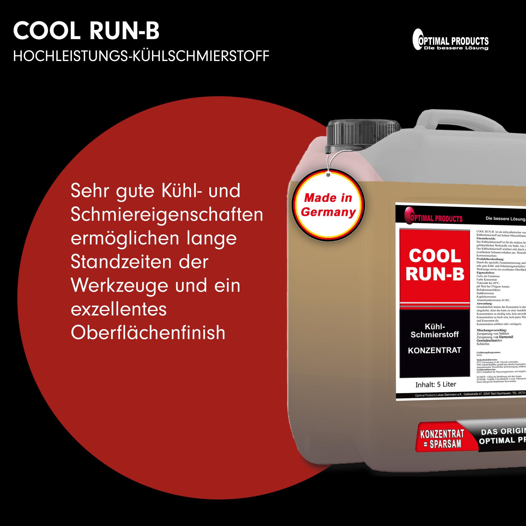Optimal Products Kühlschmierstoff Cool Run-B 10L - Bohrmilch, Wassermischbares Hochleistungs Kühlschmiermittel mit gutem Korrosionsschutz, Bohröl Schneidöl Metall