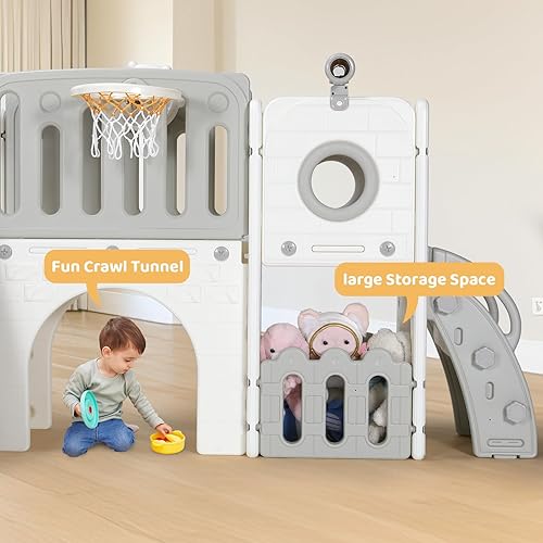 Miniatura 6 de Arlopu Tobogán 9 en 1 para niños pequeños, juego para exteriores con pendiente larga, juego de escalador para bebés, telescopio, túnel, espacio de