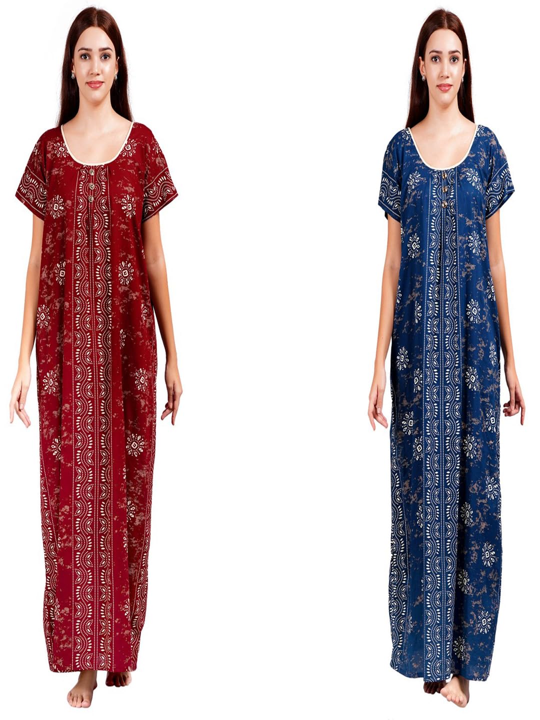 Print Women's Pure Cotton Regular Nighty Rajasthani Nighty Rajasthani Gown Jaipuri Nighty Jaipuri Gown(Pack of 2 pcs) Maroon-image-0