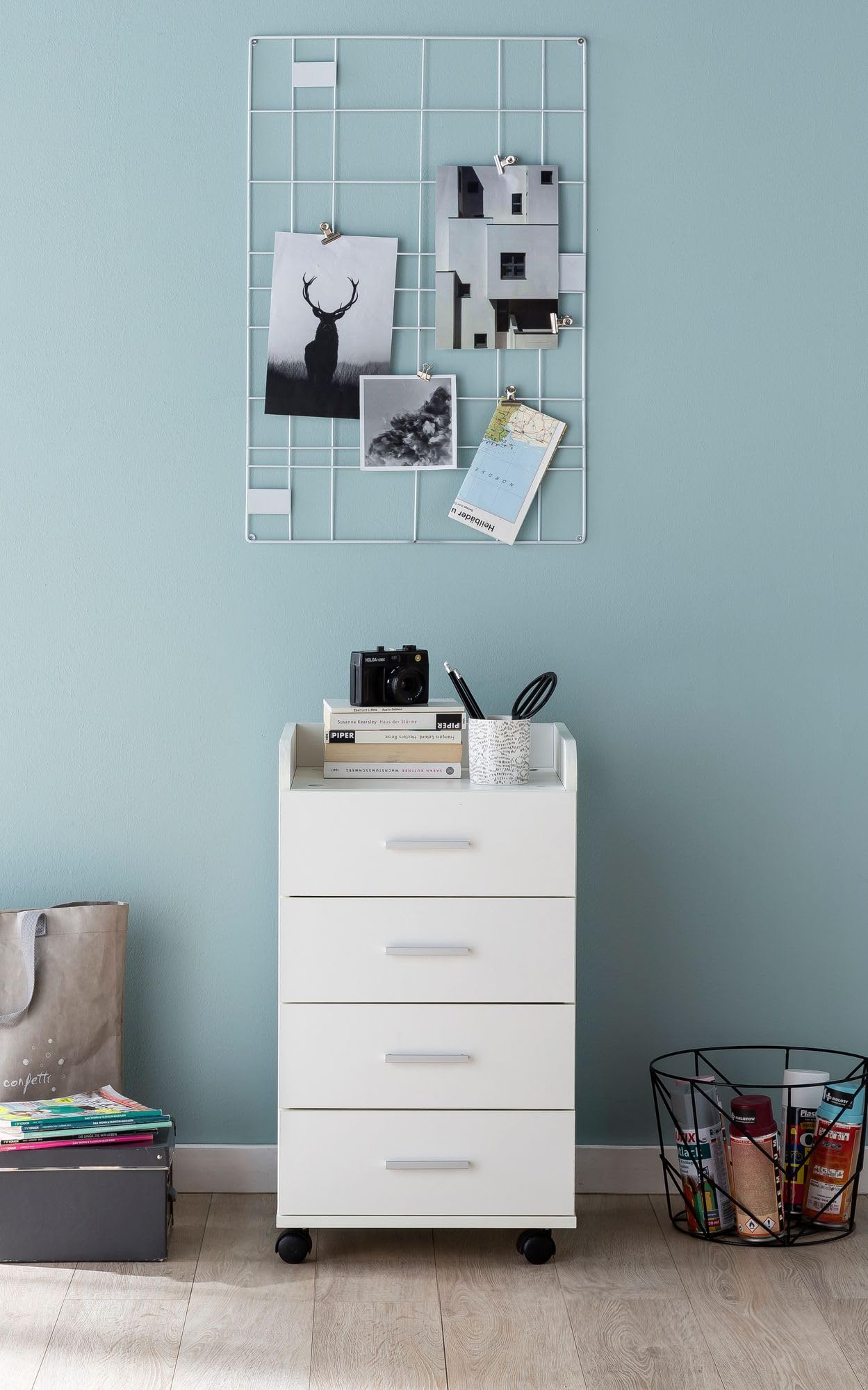 FineBuy Cassettiera con Ruote 40x33x70,5 cm Bianca con 4 Cassetti | cassettiera da scrivania con ruote, mobile con ruote per ufficio e smart working, cassettiera moderna