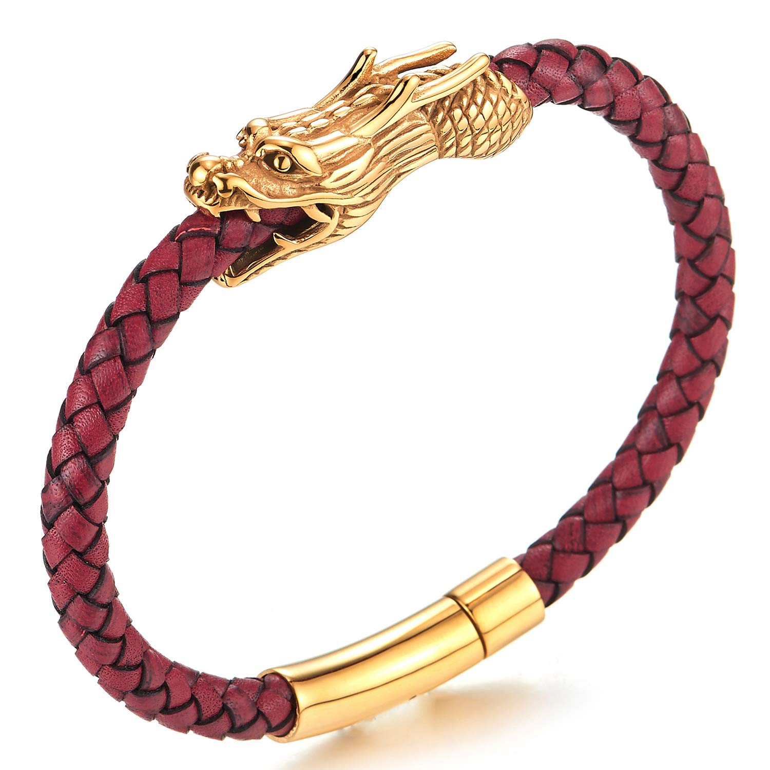 COOLSTEELANDBEYONDBrazalete del Vintage Acero Dragón Cabeza, Cuero Trenzado Pulsera de Hombre Muchachos Niños