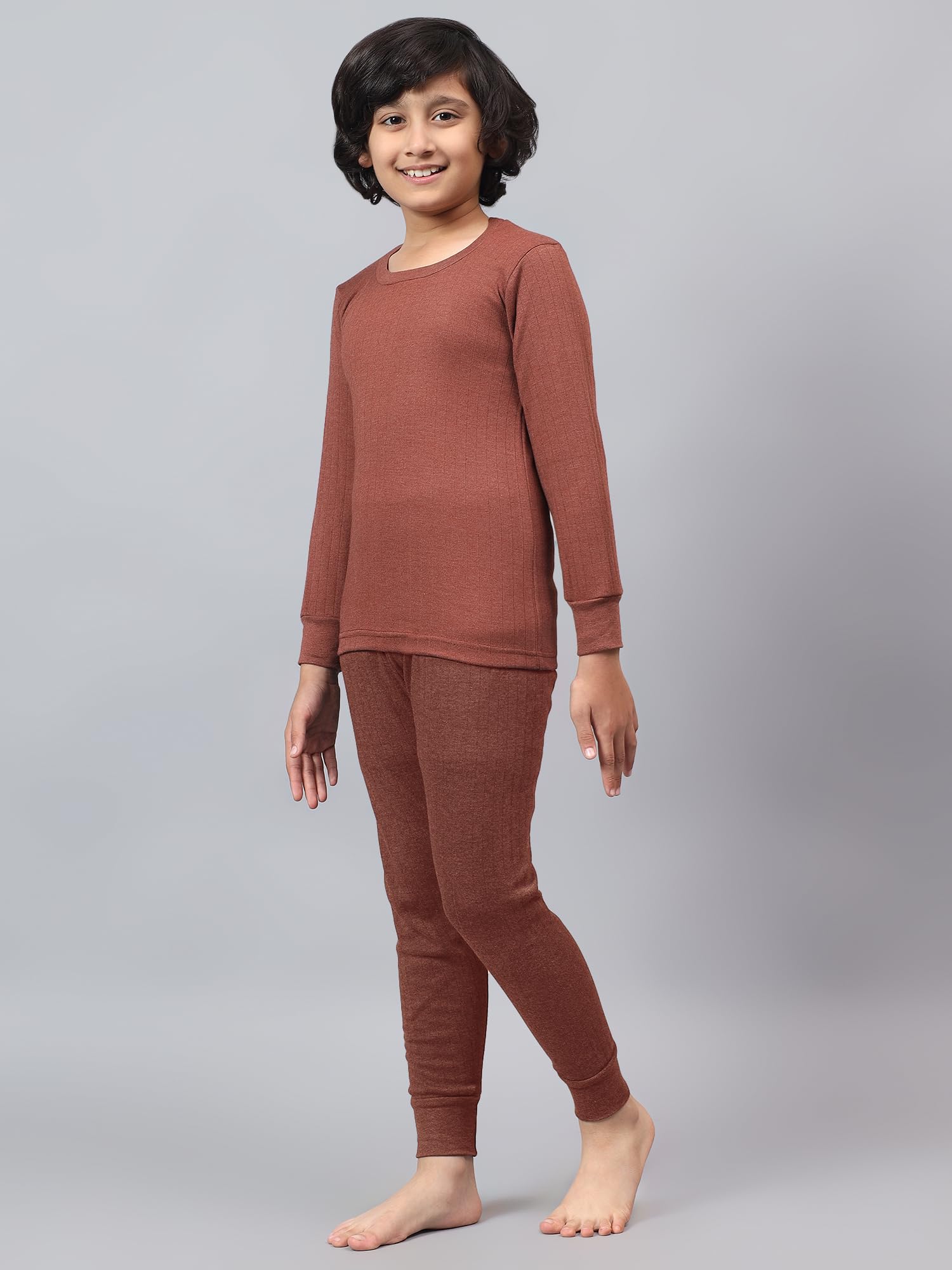 FUNKOOL Boys & Girls Hotpot Desire|Slim Fit| Cotton Rich |Full Sleeves|Round Neck|Trendy Winter Wear|Top with Inner Elastic Payjama Thermal Set -Brown 3