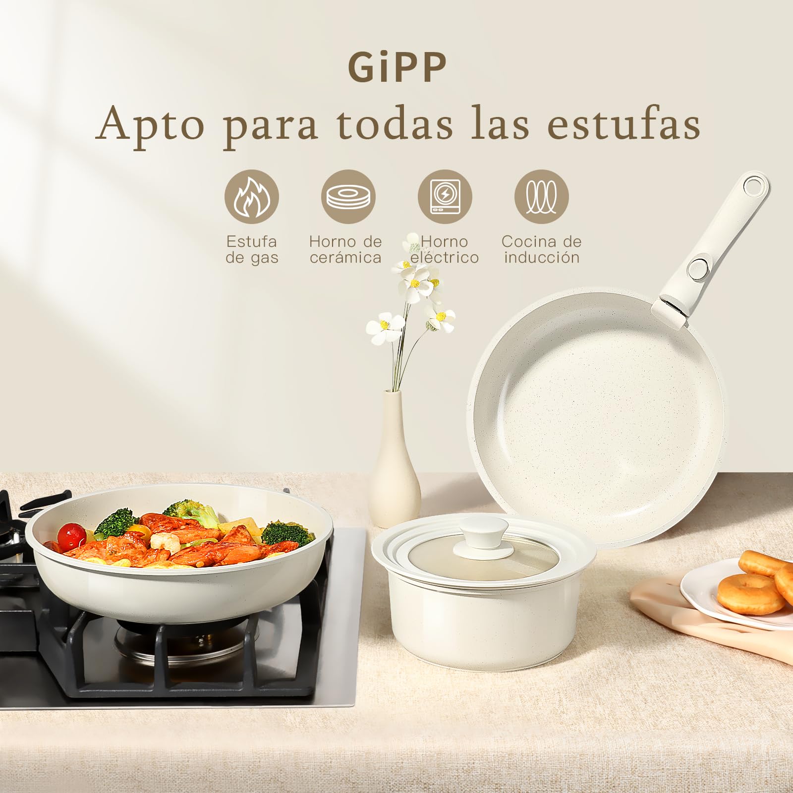 GiPP Juego de Sartenes y Cacerolas con Revestimiento Cerámico Antiadherente - Juego de 15 Piezas con Asas Desmontables, Sin Sustancias Tóxicas, Apto Para Inducción, Horno y Lavavajillas