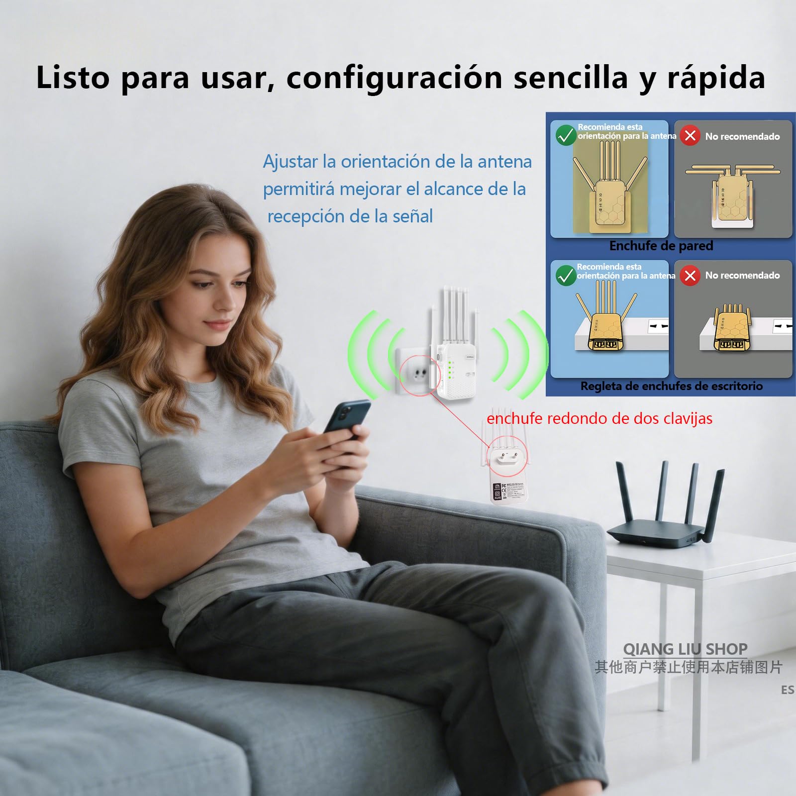 Repetidor de Doble Banda WiFi(5/2,4 GHz), con 6 Antenas y 2 Puertos Ethernet, Cobertura con Señal de Gran Penetración en Paredes, Hogar,Oficina