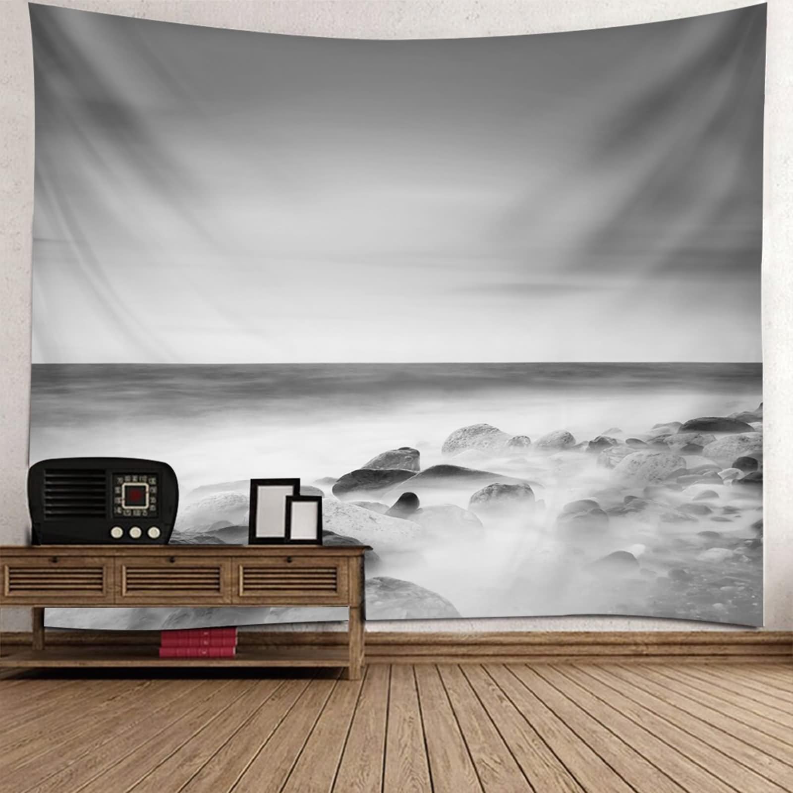 Bishilin Boho wiszący na ścianie szary, skała i ocean fajna sztuka gobelin 350 x 256 cm do dekoracji domu wewnątrz i na zewnątrz