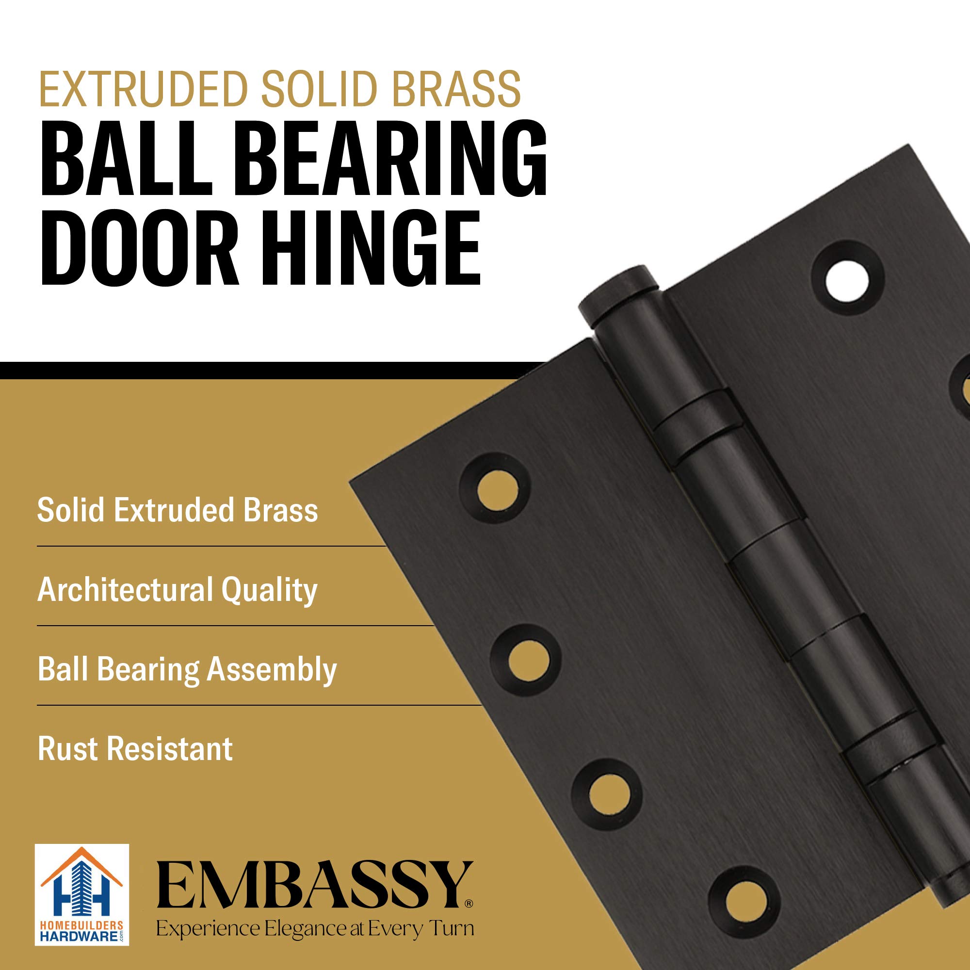 Puerta bisagras 4 "x 4" extruido Solid Brass Cojinete de bolas latón Bisagra resistente aceitado bronce Us10B extraíble de acero inoxidable botón/urna/bola de Pin, grado arquitectónico, puntas incluidas – juego de 2 bisagras