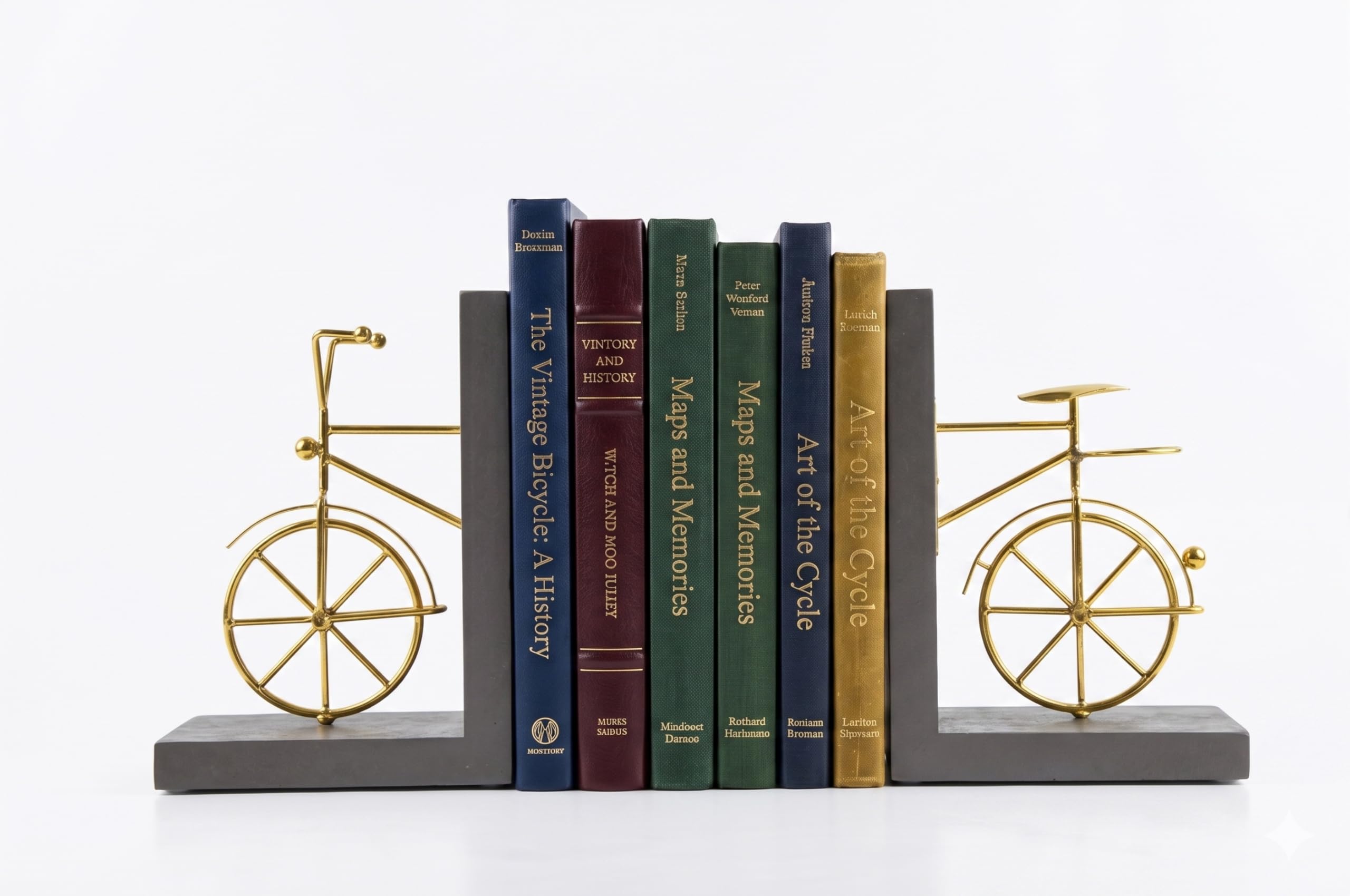 Sujetalibros para Bicicleta, Sujetalibros Decorativos con Respaldo Antideslizante, Soportes para Libros de Madera y Metal para Estantería, Escritorio, 1 Par, Marrón Dorado