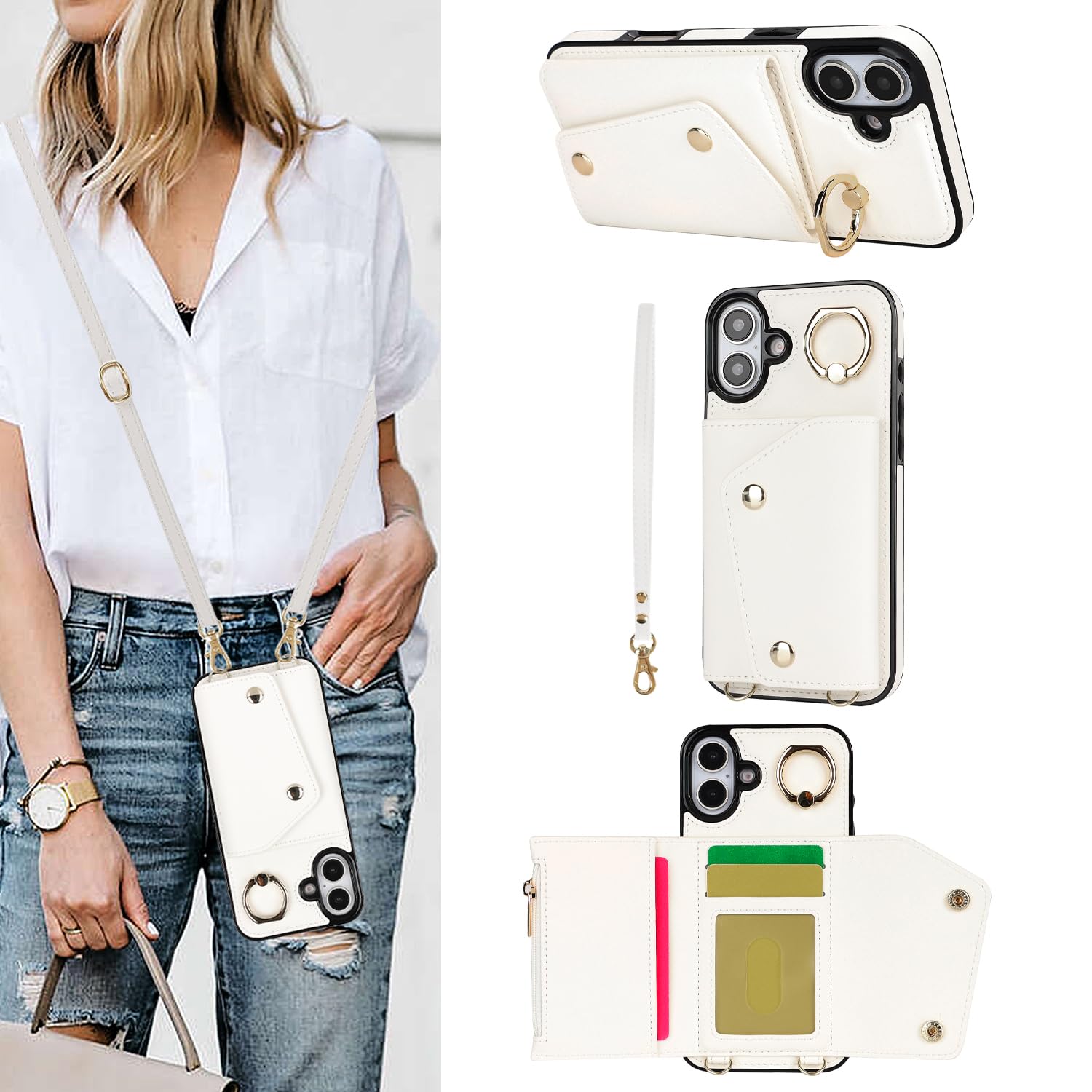 Vervebear Compatible with iPhone 16 Pro Crossbody Wallet Case with Card Holder for Women,Phone Case RFID Blocking PU Leather Zipper Handbag Flip Cover
