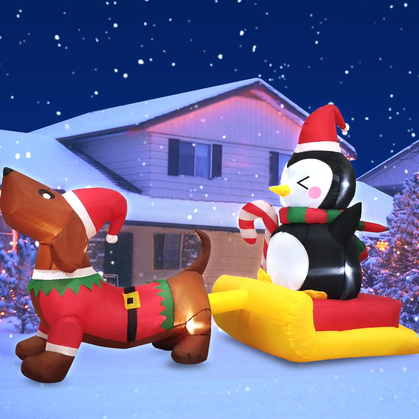 Danxilu Traîneau gonflable de Noël de 1,8 m de long avec pingouin - Décorations extérieures - Pingouin gonflable sur traîneau à chien - Décorations de cour pour Noël, vacances, intérieur, jardin