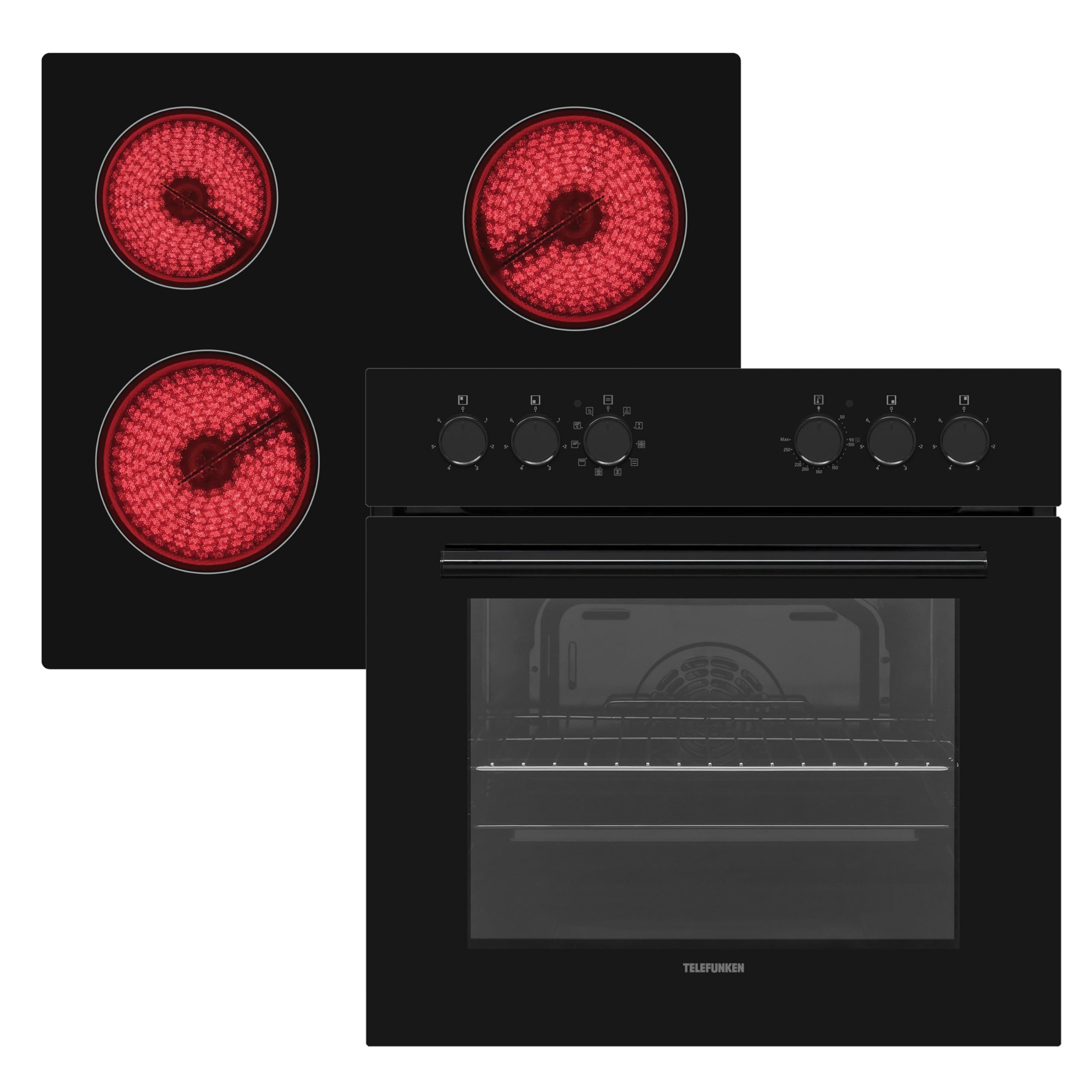 Telefunken ECH65A-B2 Einbauherd-Set | Elektro-Herd-Kochfeld-Kombination | Backofen mit Grill und Umluft | Rahmenloses Glaskeramik-Kochfeld mit 4 Zonen | 65 Liter | 60 cm | Edelstahl