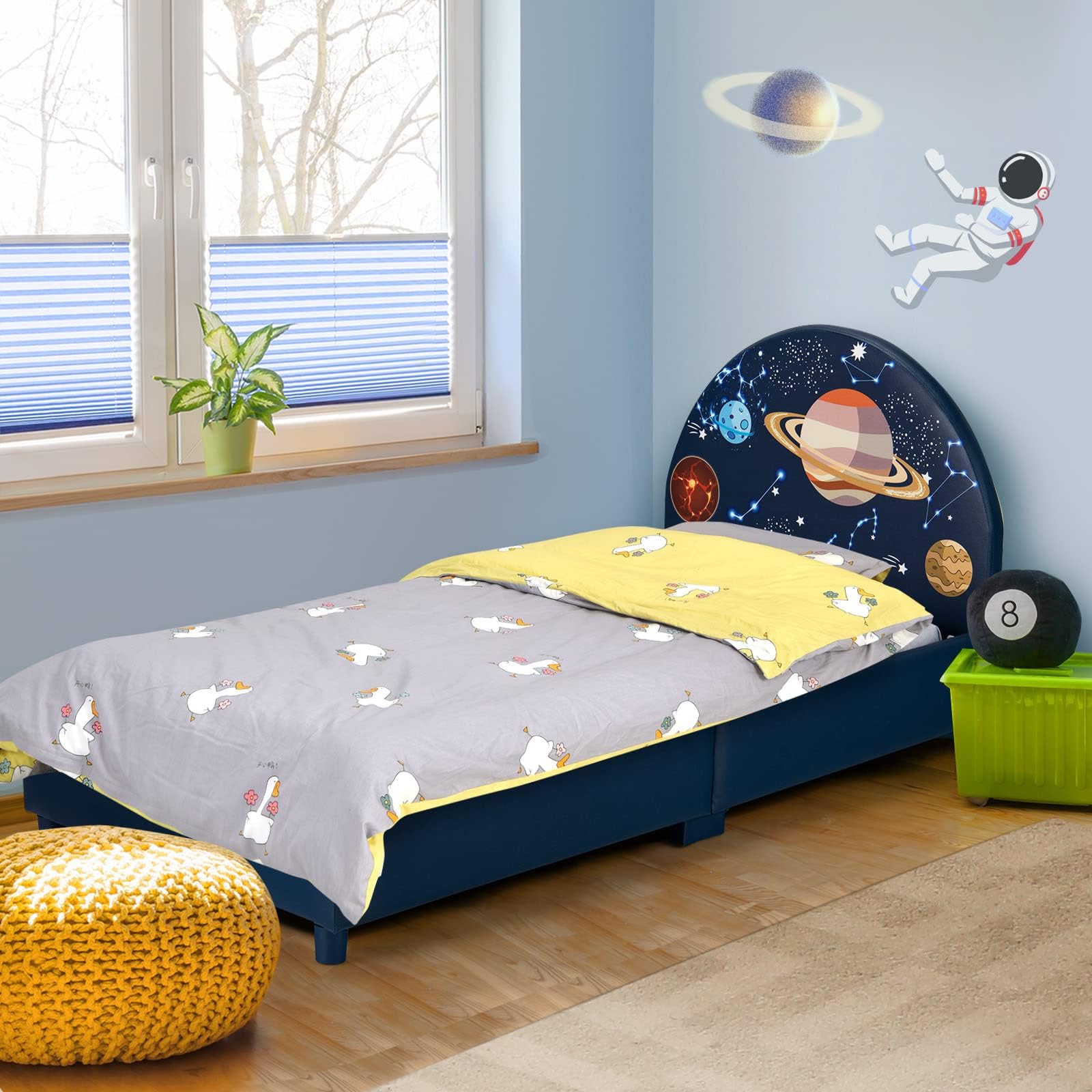 HONEY JOY Twin Bed Frames for Kids, Toddler Wooden Twin Bed Platform with Headboard & Slat Base, No Box Spring Needed, Children Bedroom Furniture for Boys Girls, Fits Standard Twin Mattress, Planet