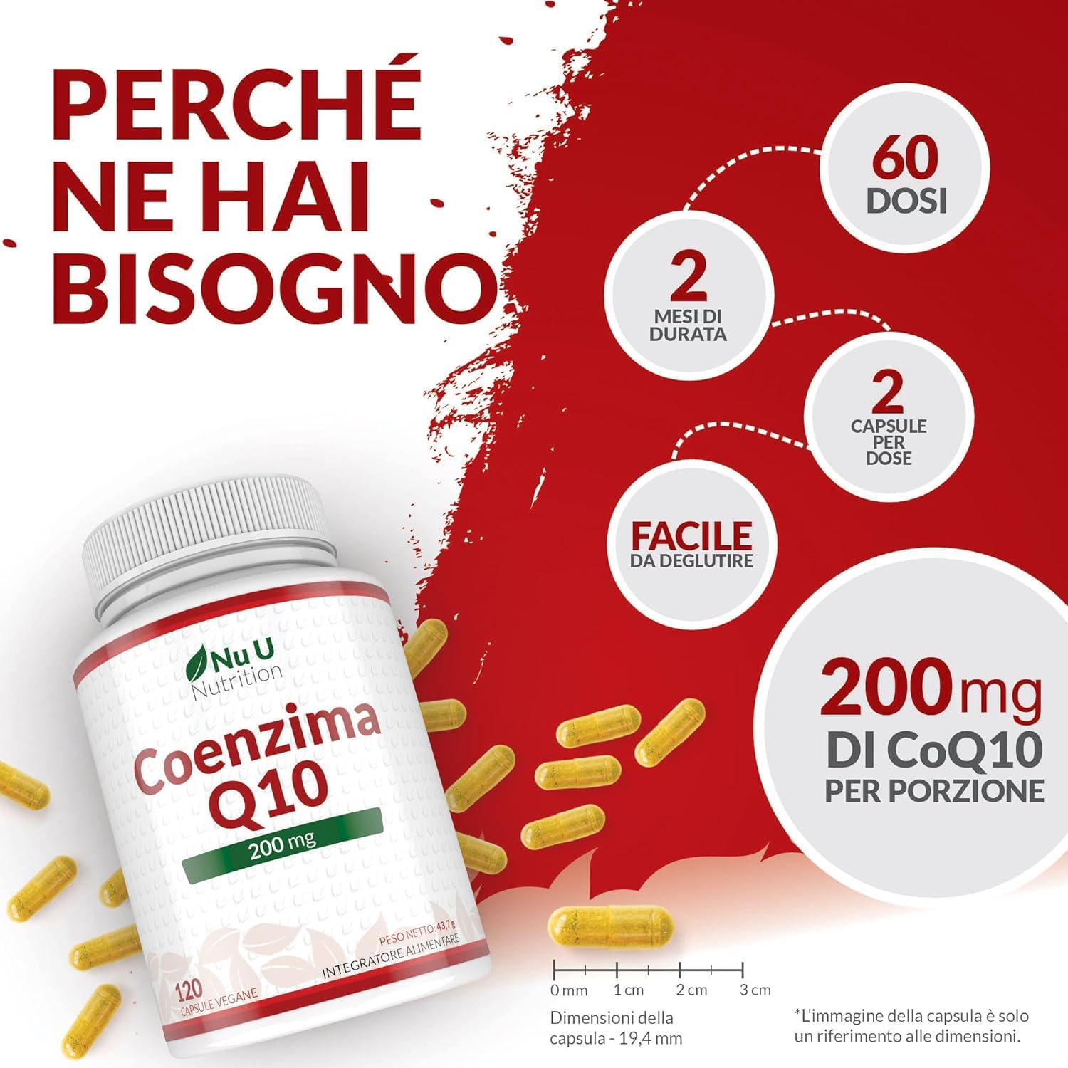 Coenzima Q10 200mg - 120 Capsule Vegane - 2 Mesi di Durata - 100mg di CoQ10 per Capsula - 100% Ubiquinone Puro Fermentato Naturalmente - Prodotto in Europa - Nu U Nutrition