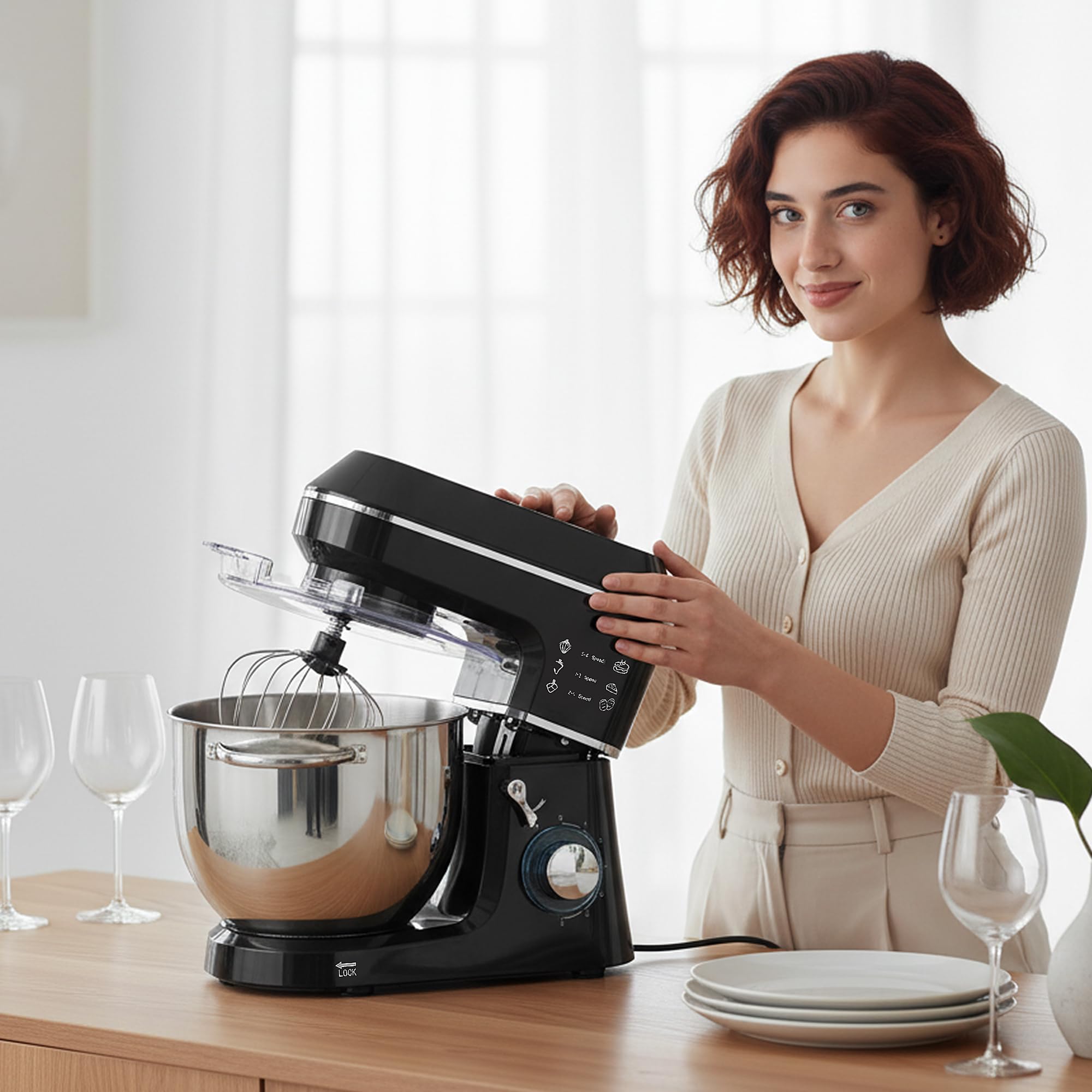 HOMCOM Impastatrice Planetaria con Ciotola Inox 7L, 1400W 6 Velocità Pulse, Testa Inclinabile, Planetaria Professionale Antiscivolo con Gancio Impastare, Frusta, Sbattitore, Paraschizzi e Accessori