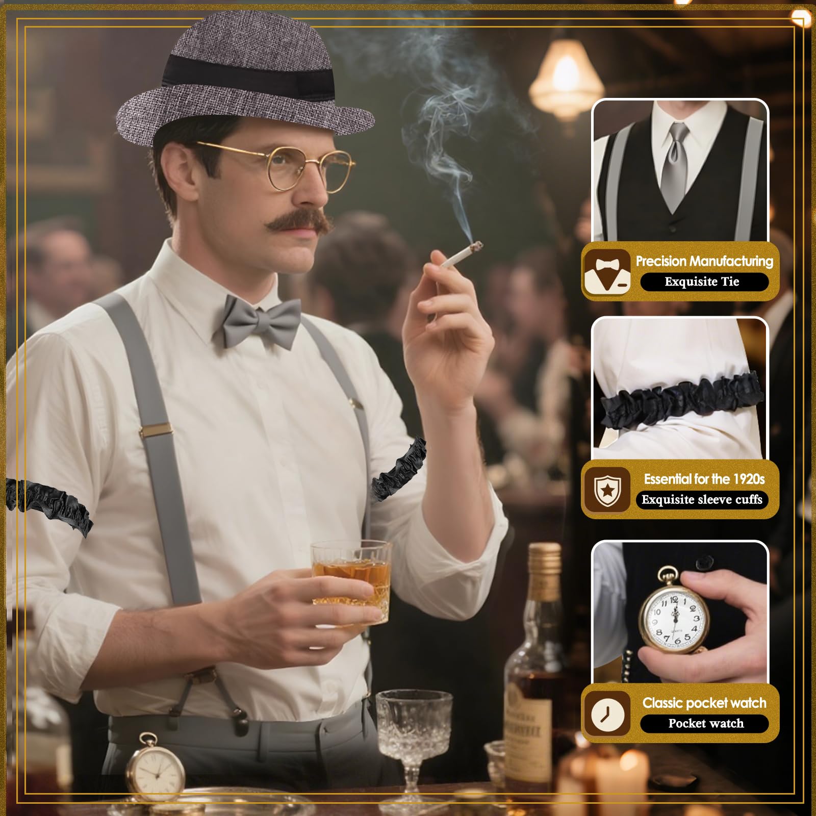 13Pcs 1920s Gatsby Costume Set for Men, Gentleman Roaring 20s Accessories Kit with Hat Suspenders Pocket Watch Bow Tie Beards Cuffs Tie for Adult Halloween Theme Parties Fancy Dress (Gray) - Image 3