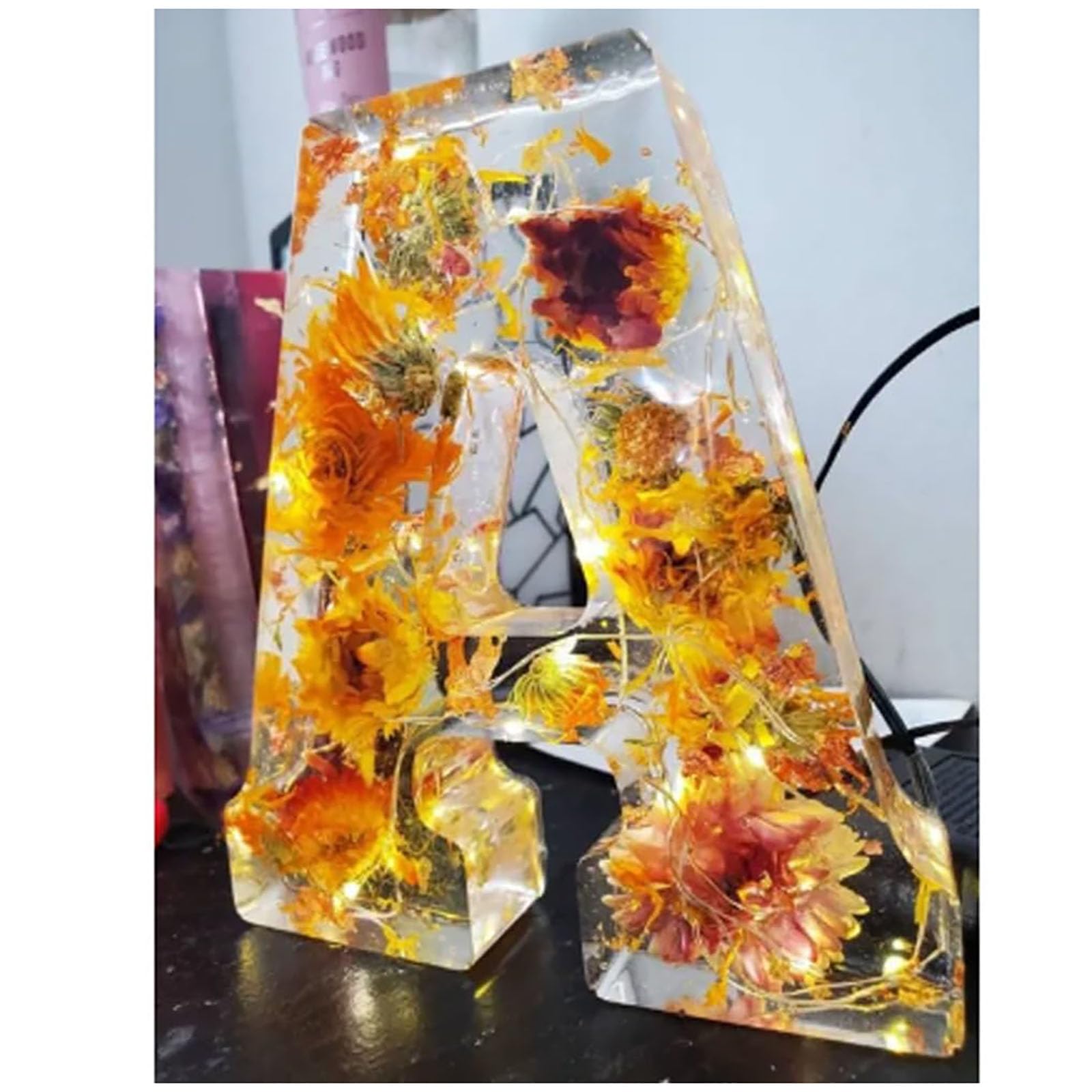 Floral Resin Night Light Alphabet - Pressed Flowers Letters Lamp - Personalized Flower Nightlight (A)